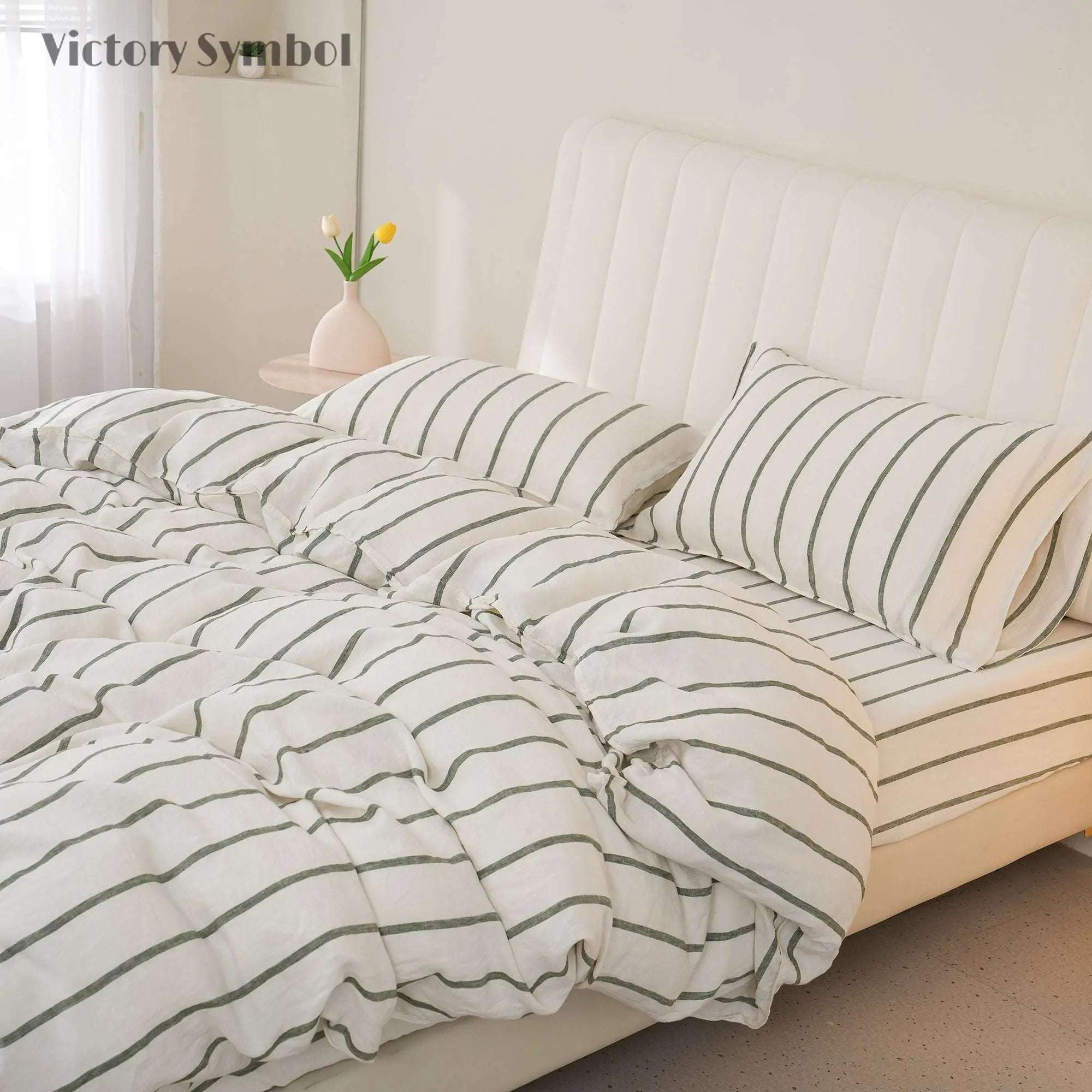 Green Vertical Stripe 100% Organic Linen Yarn Dyed Duvet Cover(Only 1 Piece) - Victory Symbol