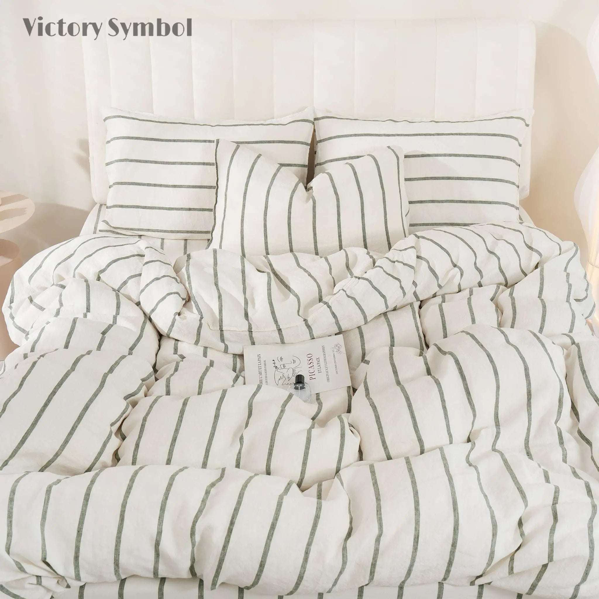 Green Vertical Stripe 100% Organic Linen Yarn Dyed Duvet Cover(Only 1 Piece) - Victory Symbol
