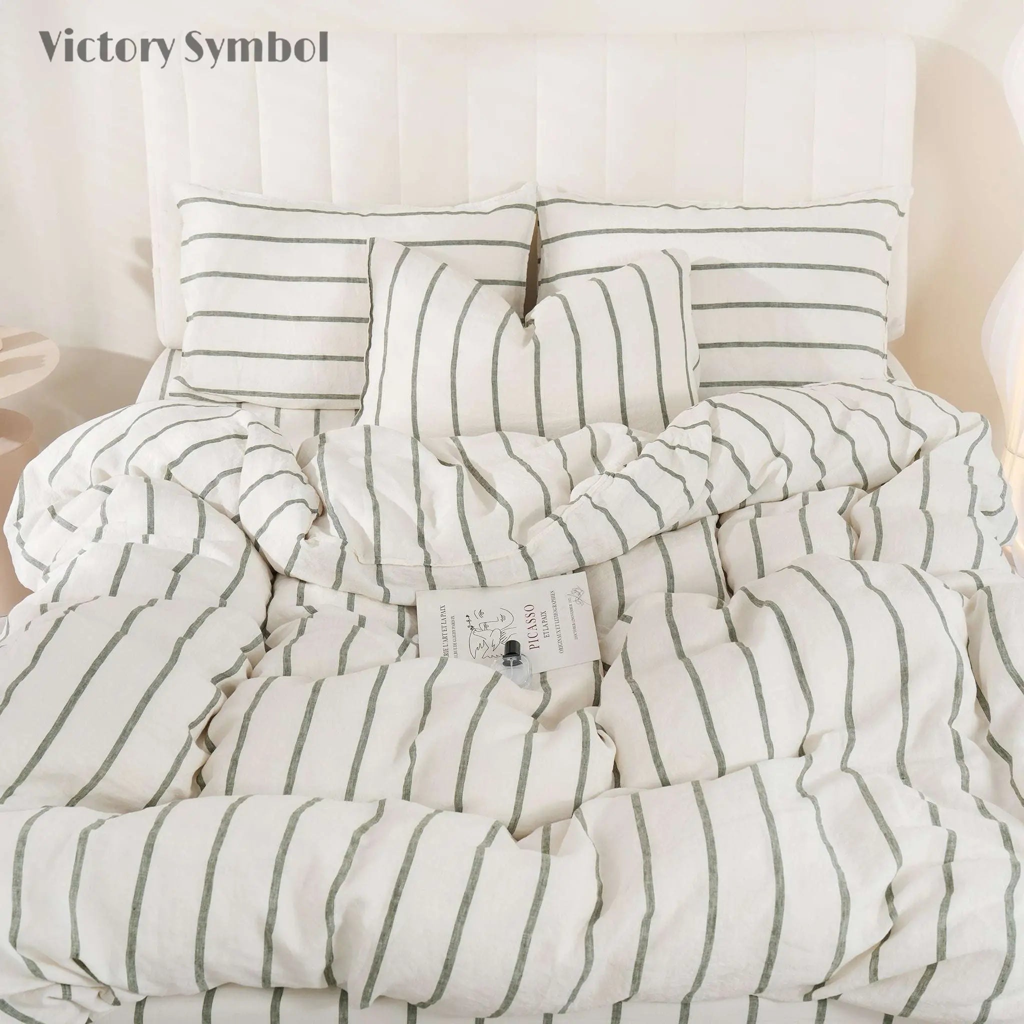 Green Vertical Stripe 100% Organic Linen Yarn Dyed Duvet Cover(Only 1 Piece) - Victory Symbol