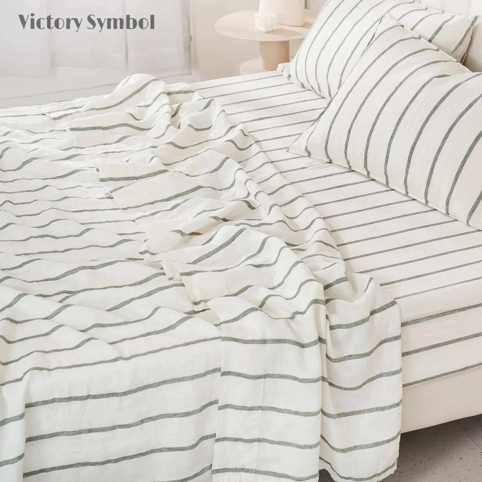 Green Vertical Stripe 100% Organic Linen Yarn Dyed Flat Sheet - Victory Symbol