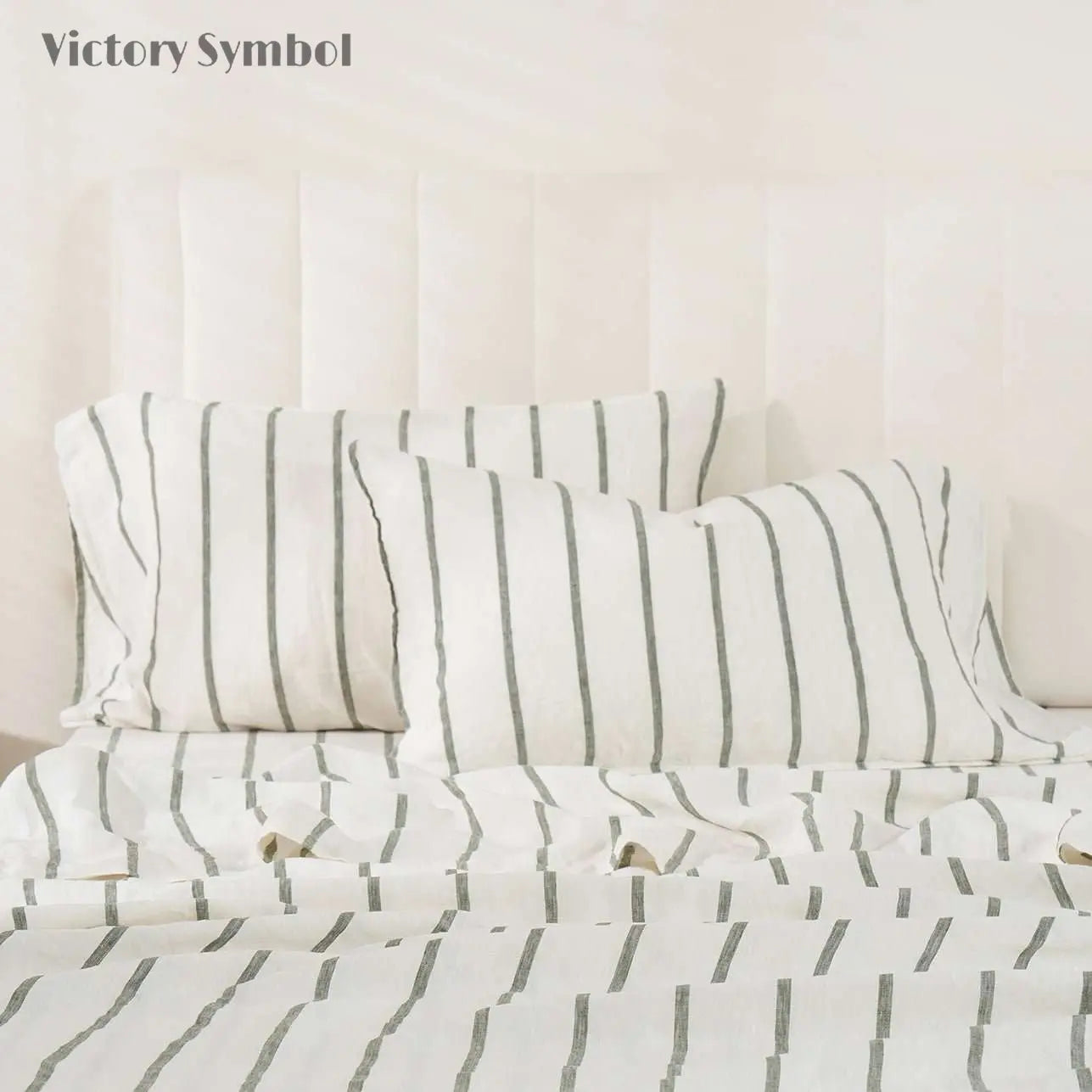 Green Vertical Stripe 100% Organic Linen Yarn Dyed Pillowcases - Victory Symbol