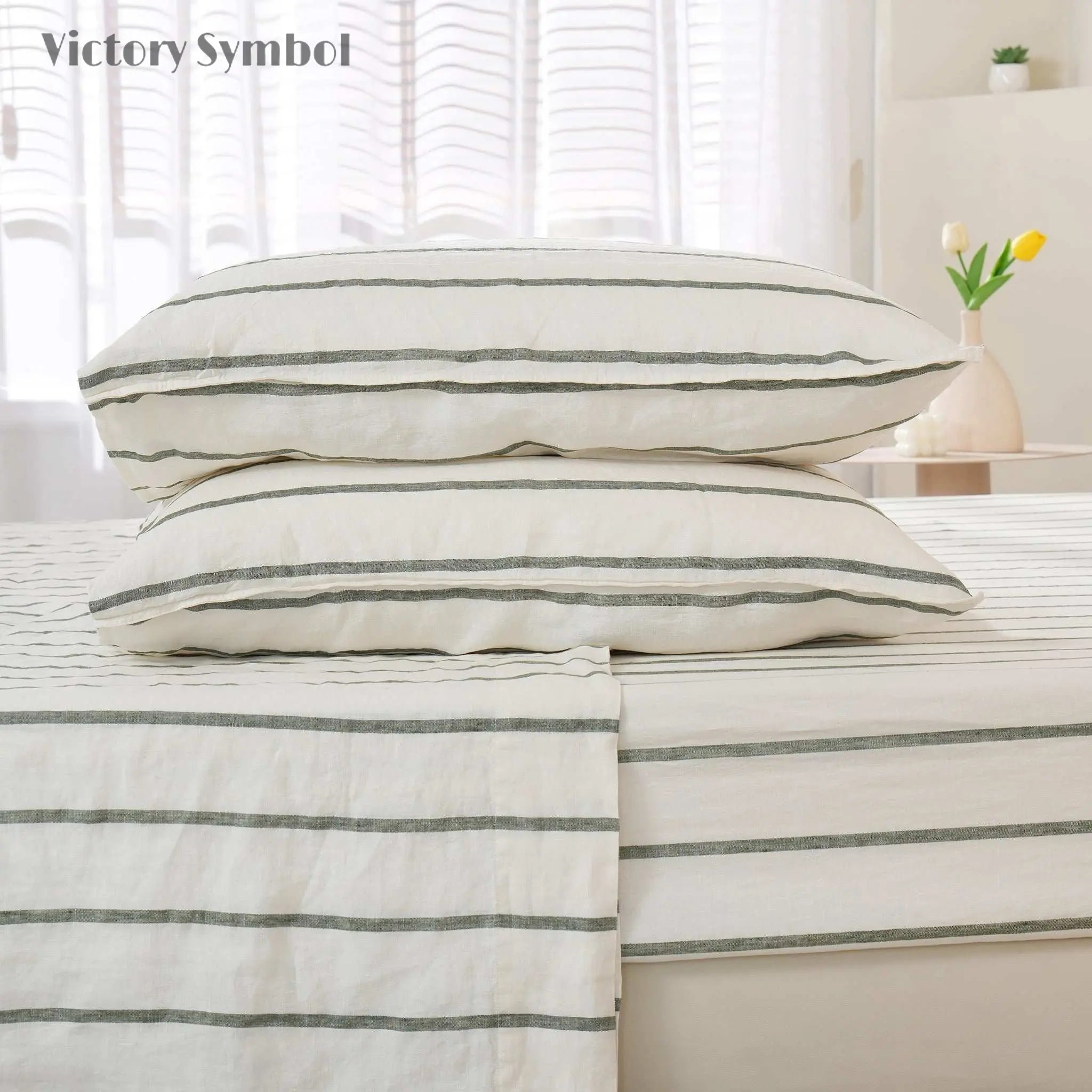 Green Vertical Stripe 100% Organic Linen Yarn Dyed Sheets Set - Victory Symbol