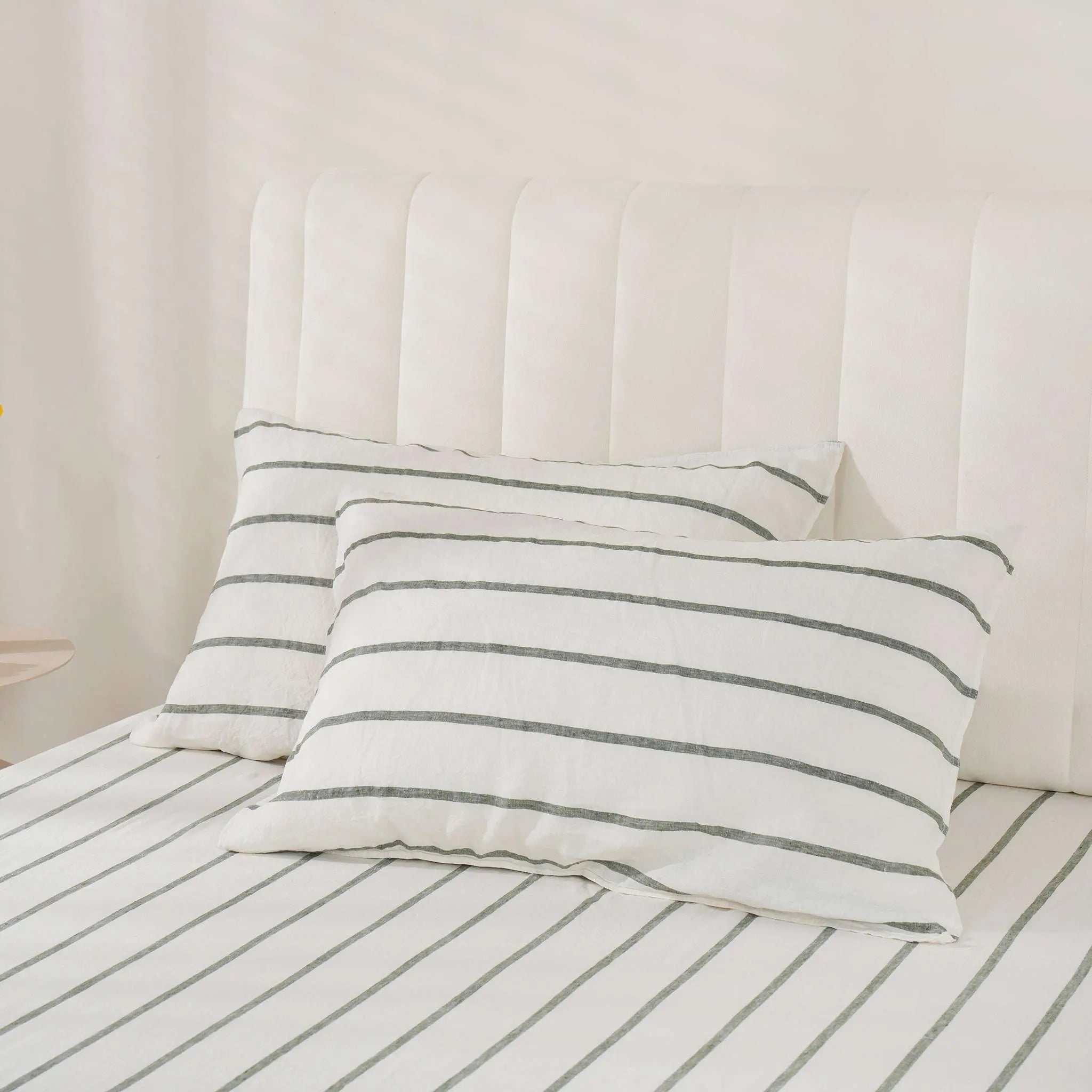 Green Vertical Stripe 100% Organic Linen Yarn Dyed Sheets Set - Victory Symbol