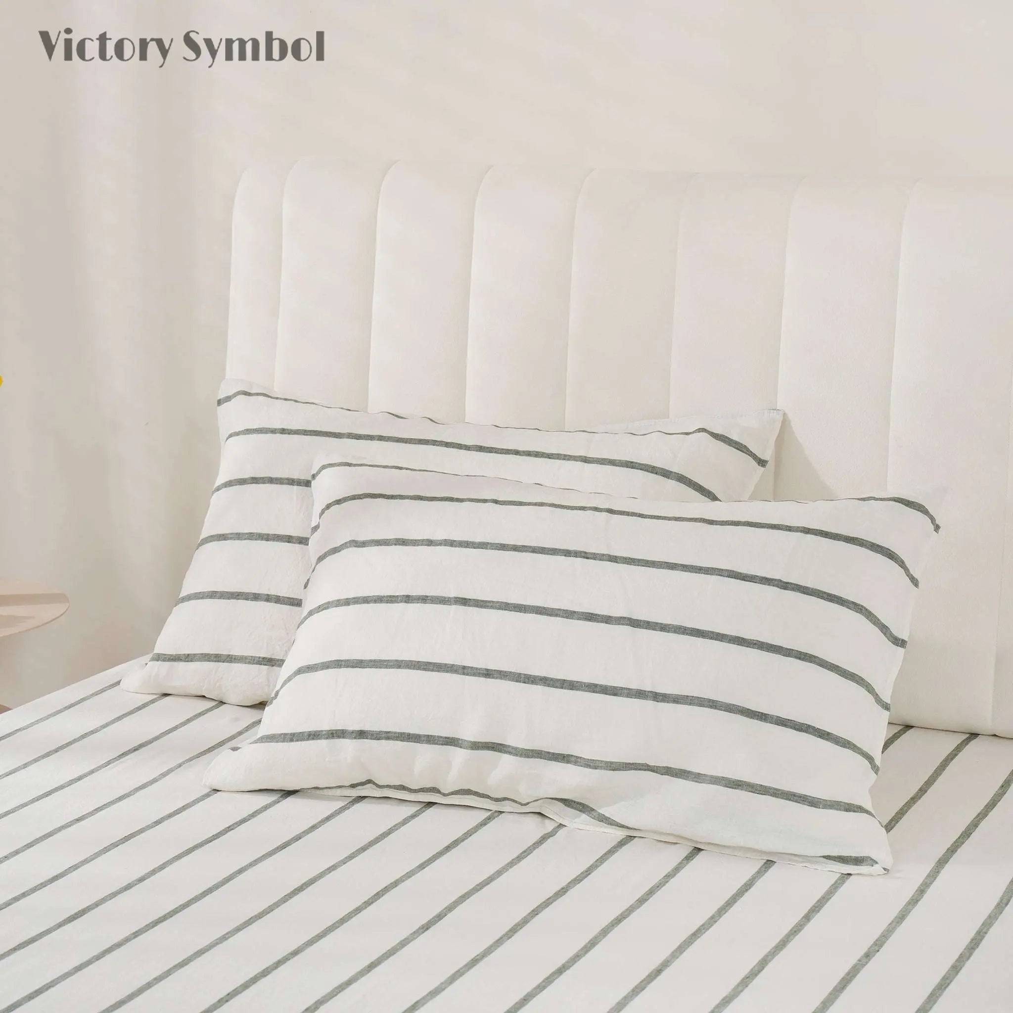 Green Vertical Stripe 100% Organic Linen Yarn Dyed Sheets Set - Victory Symbol