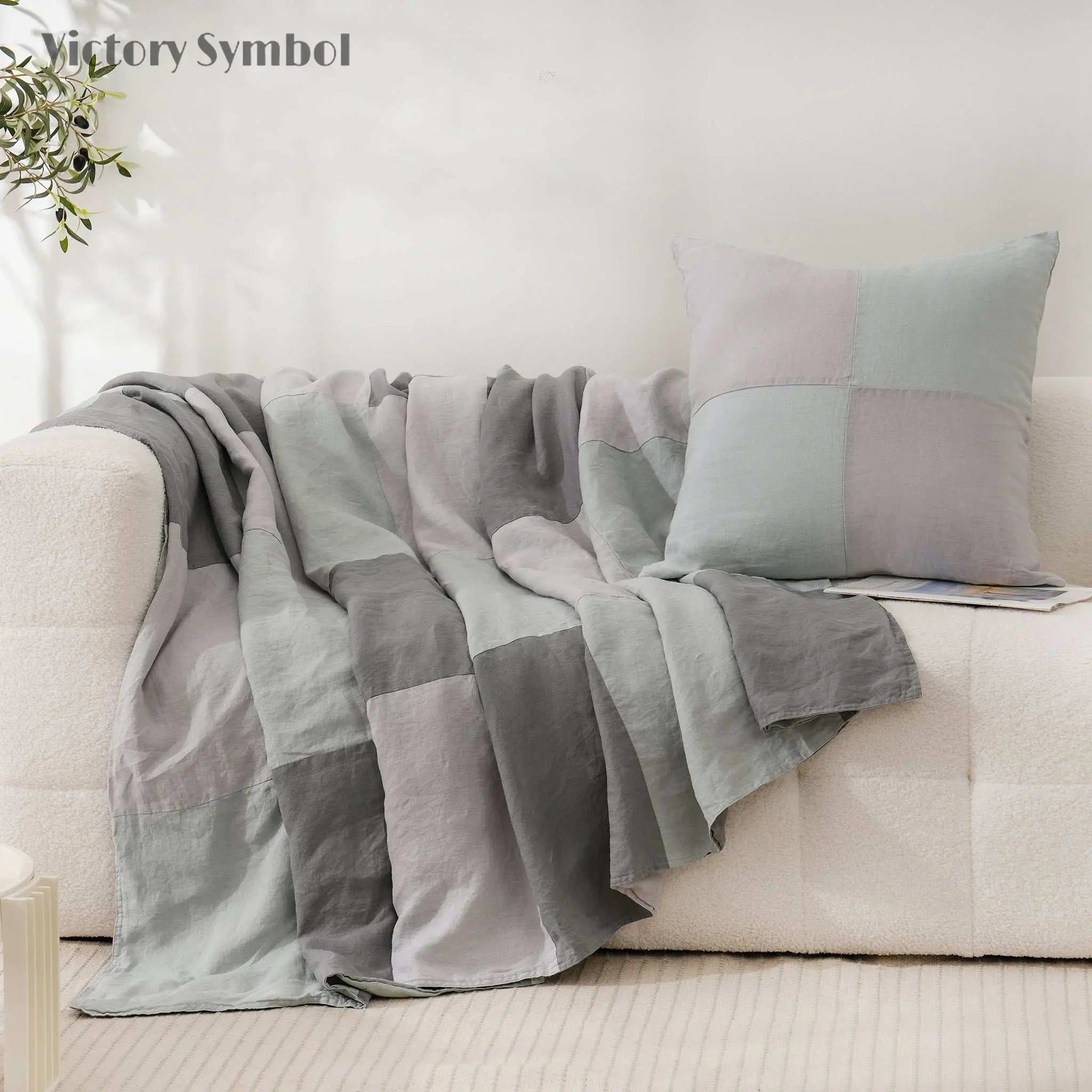 Grey Colorblock 100% Organic Linen Plaid Blanket & Throw - Victory Symbol