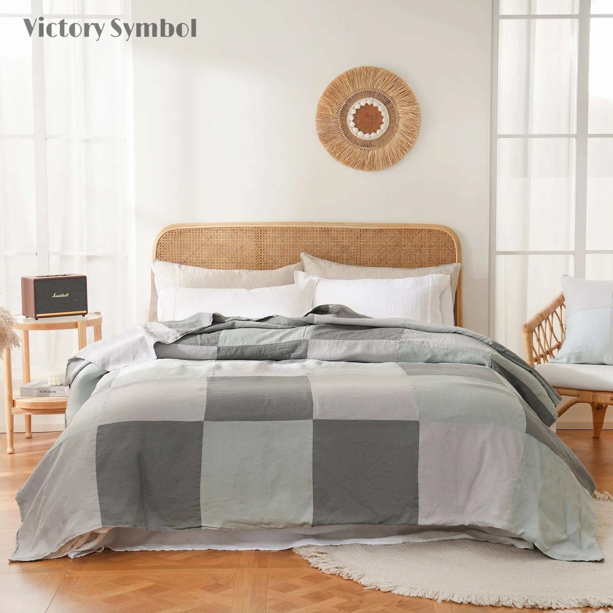Grey Colorblock 100% Organic Linen Plaid Blanket & Throw - Victory Symbol