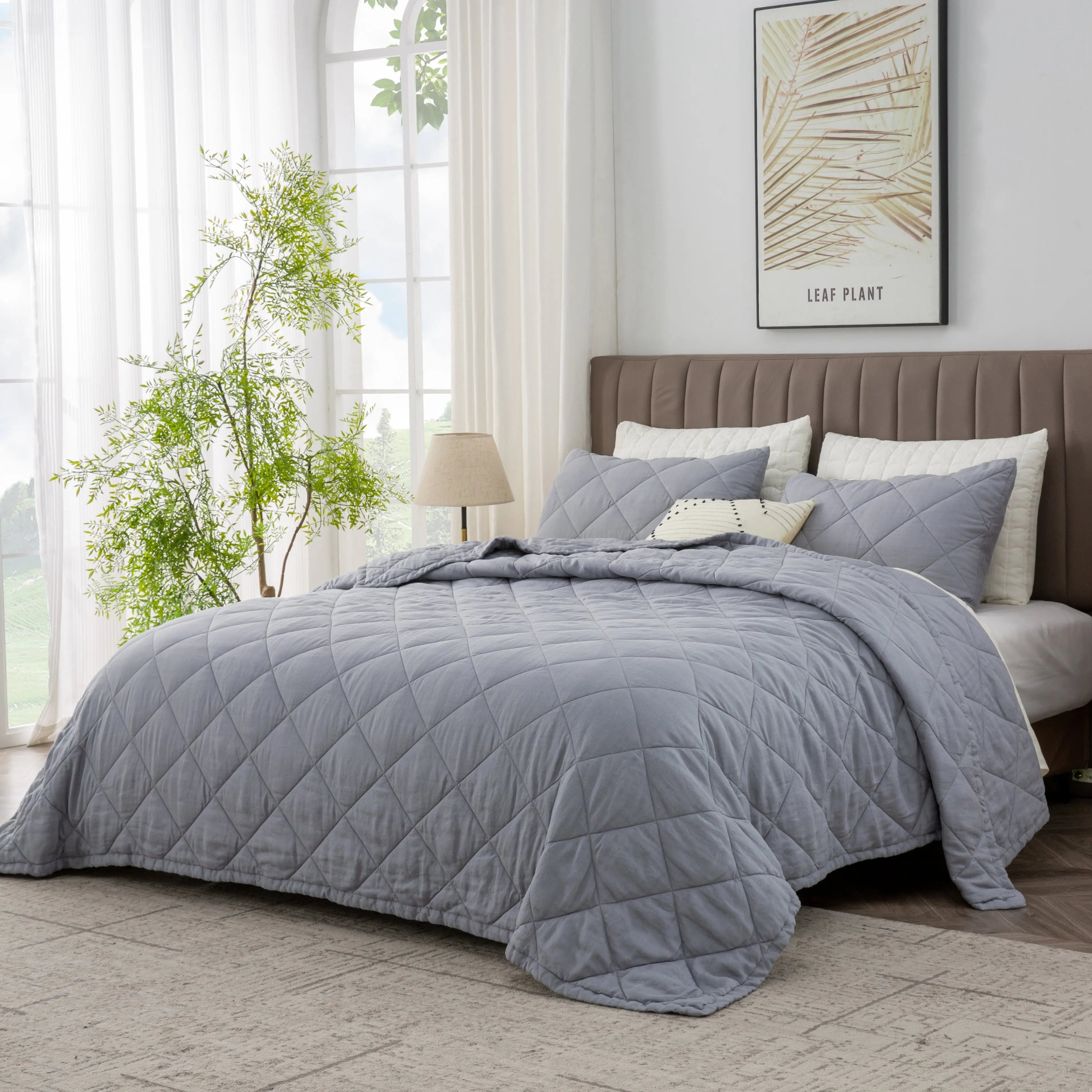 Grey 100% Organic Linen Quilt Set - Victory Symbol