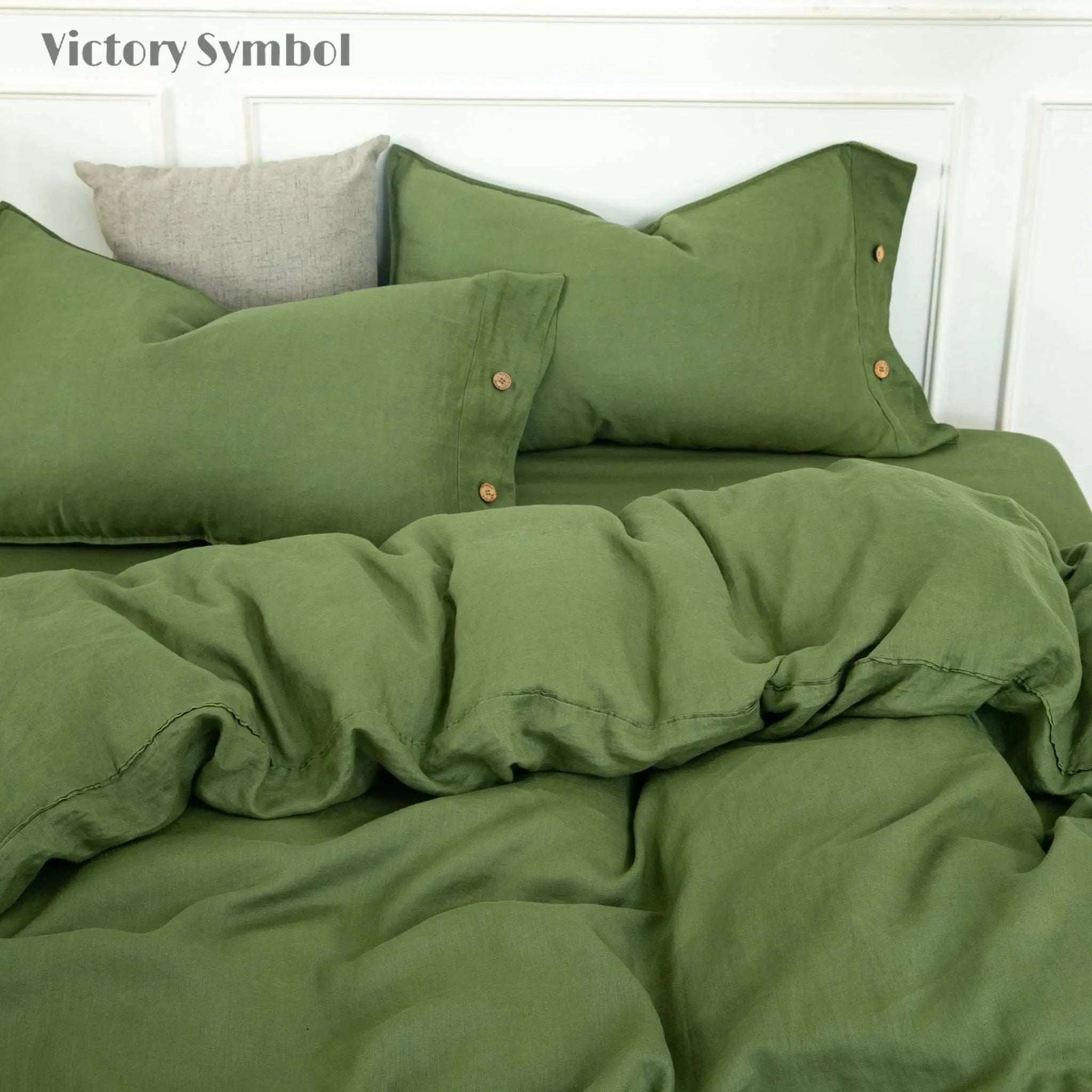 Juniper Green 100% Organic Linen Duvet Cover With Coconut Button Closure(Only 1 Piece) - Victory Symbol