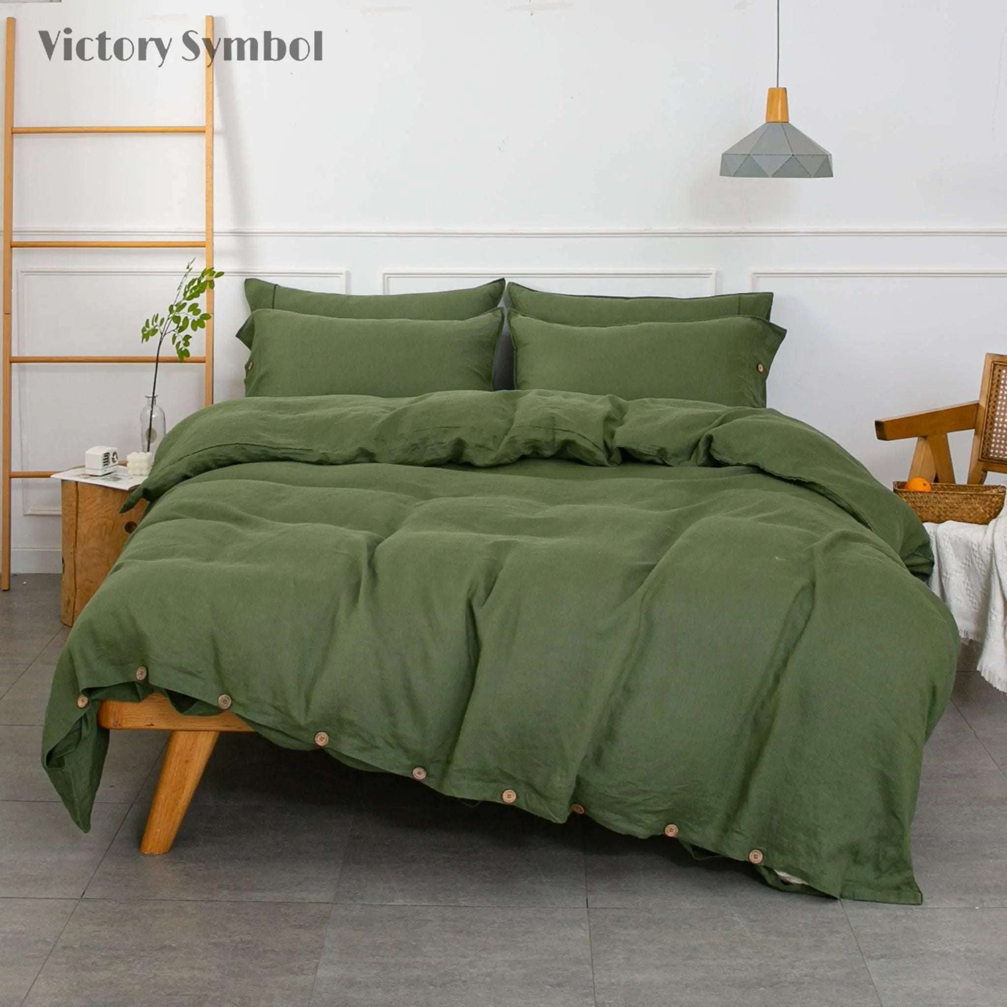 Juniper Green 100% Organic Linen Duvet Cover With Coconut Button Closure(Only 1 Piece) - Victory Symbol