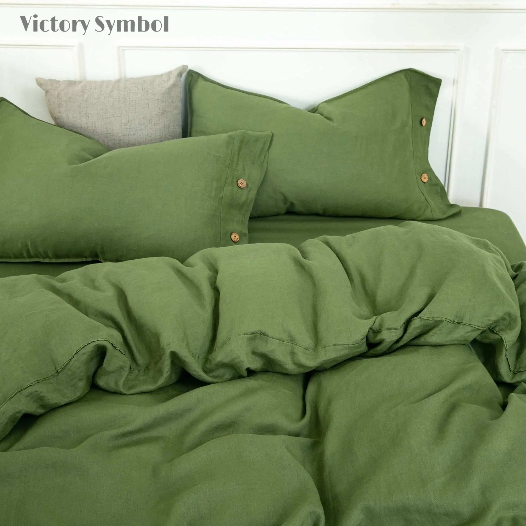 Juniper Green 100% Organic Linen Duvet Cover With Coconut Button Closure(Only 1 Piece) - Victory Symbol