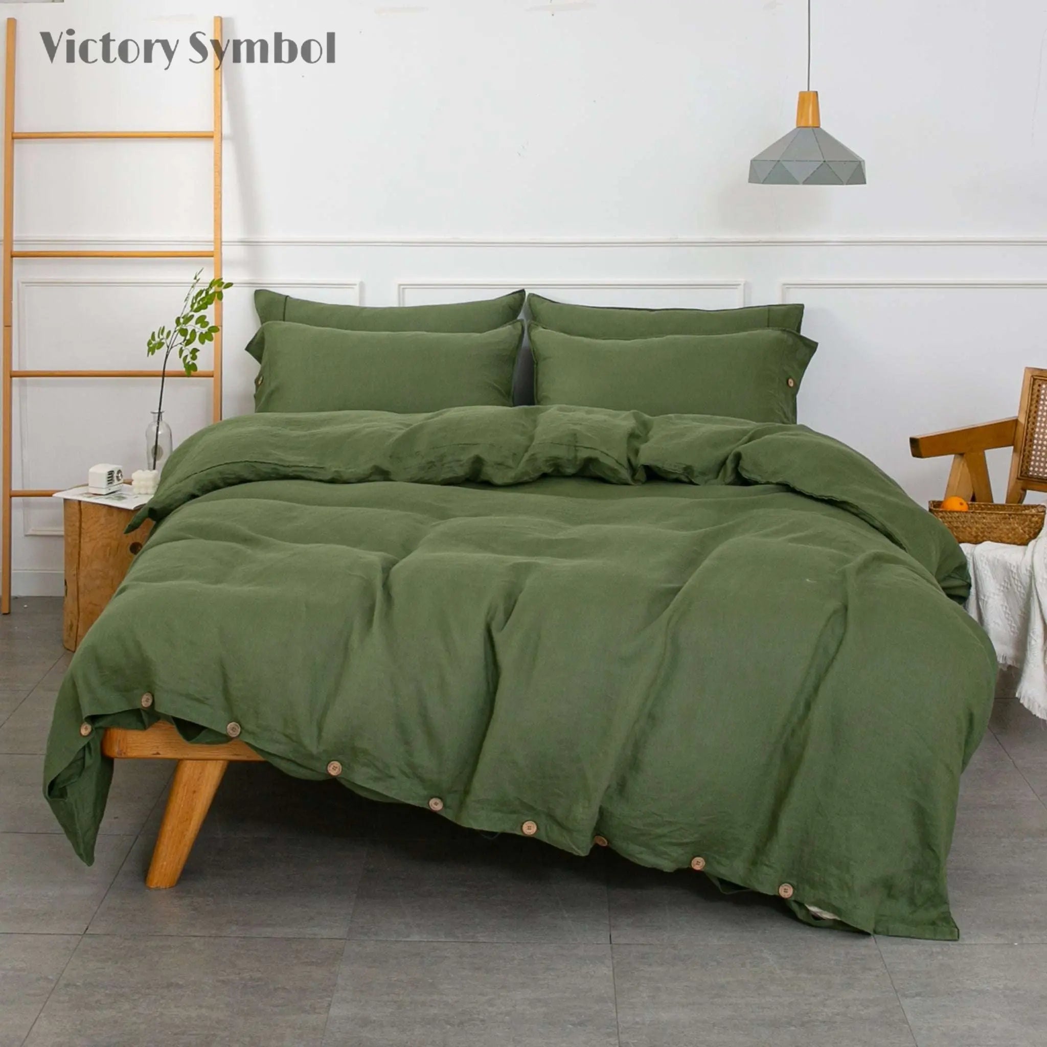 Juniper Green 100% Organic Linen Duvet Cover With Coconut Button Closure(Only 1 Piece).