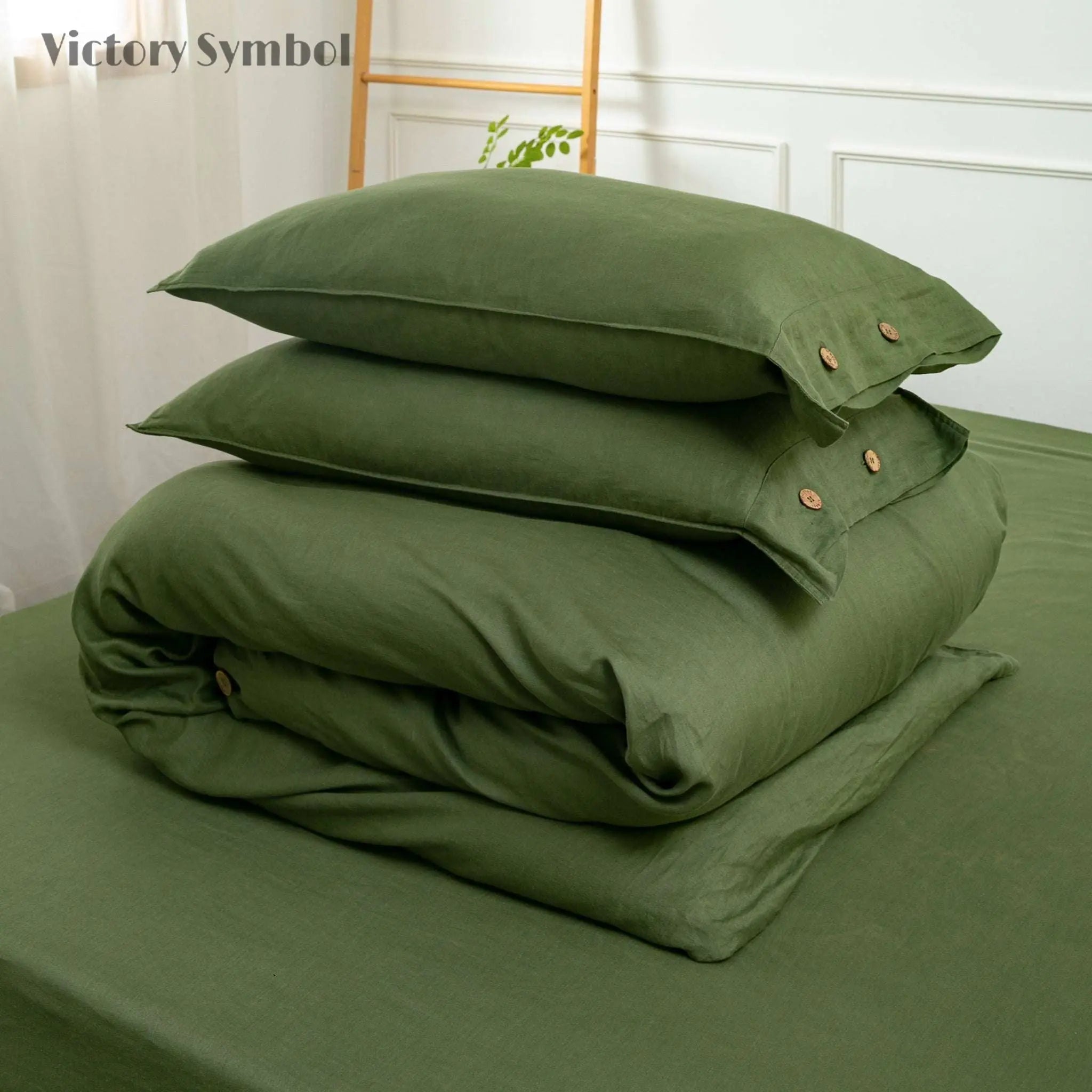 Juniper Green 100% Organic Linen Duvet Cover Set - Victory Symbol