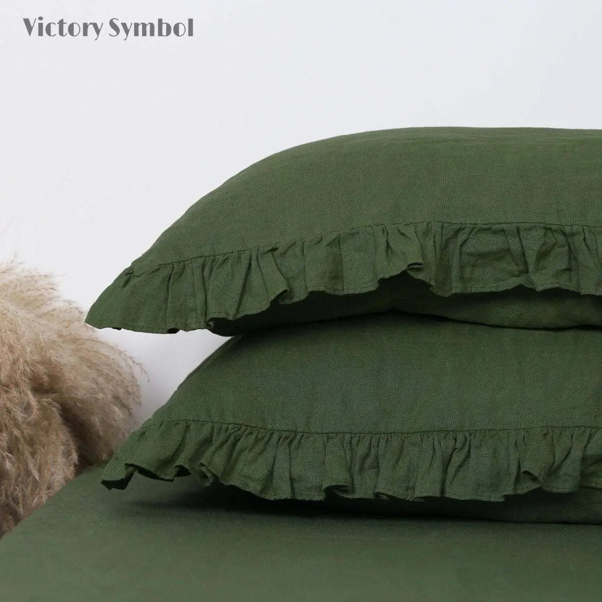 Juniper Green 100% Organic Linen Pillowcases with Ruffles - Victory Symbol