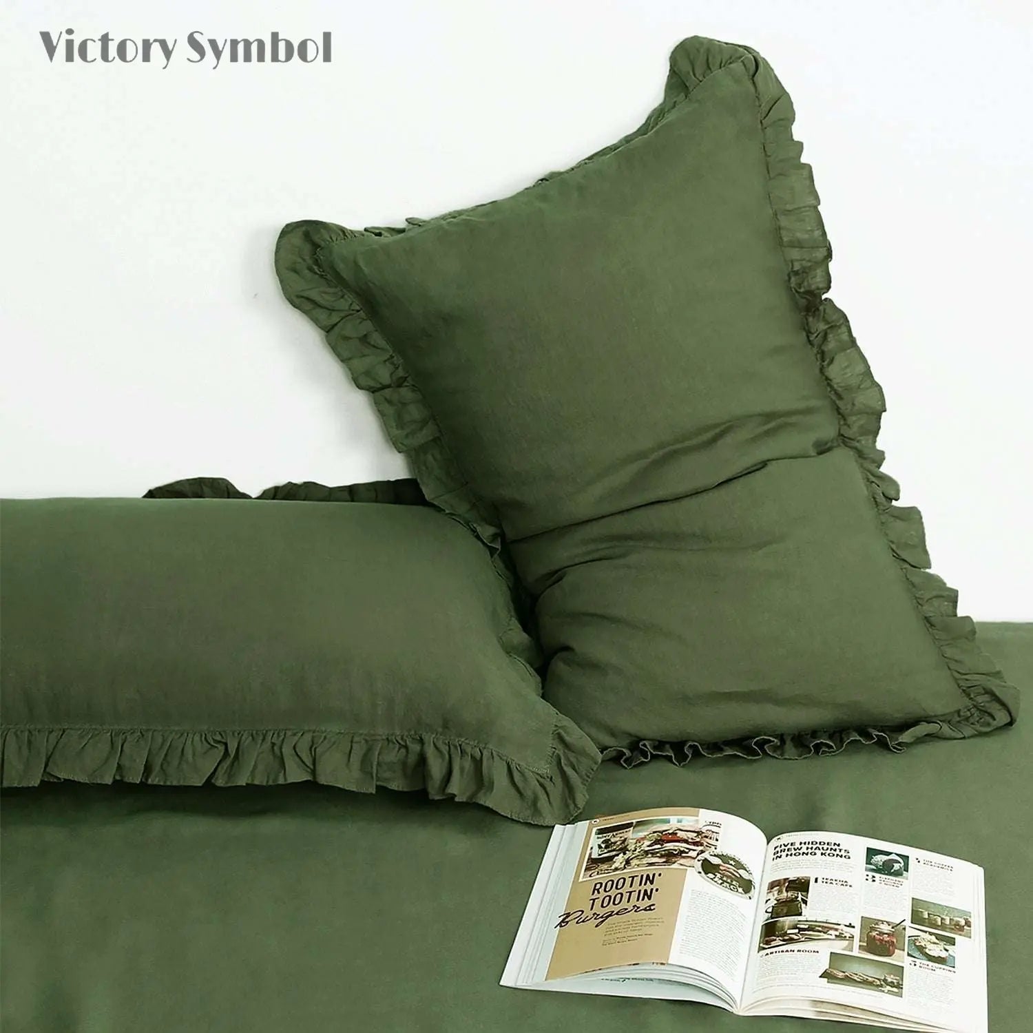 Juniper Green 100% Organic Linen Pillowcases with Ruffles - Victory Symbol