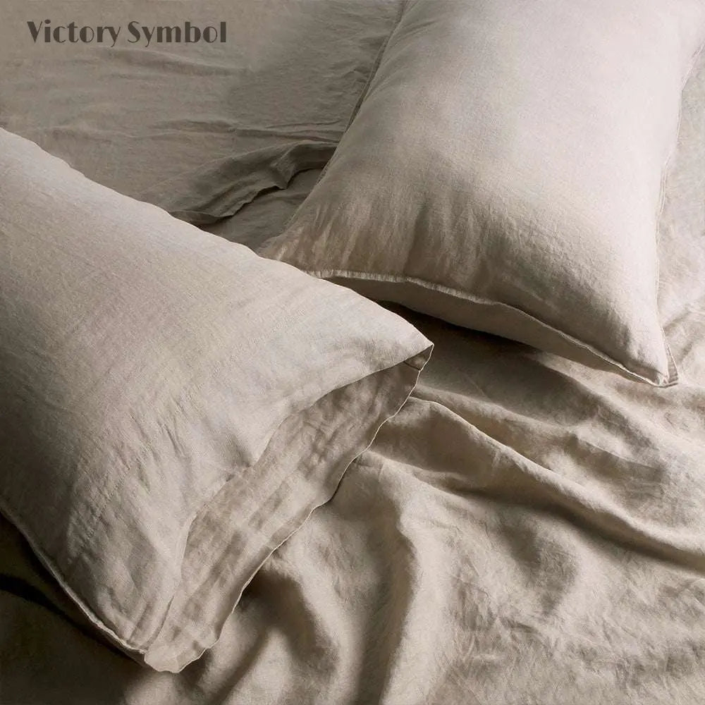 Khaki 100% Organic Linen Pillowcases - Victory Symbol