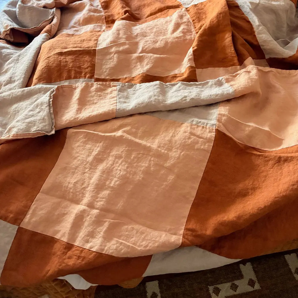 Khaki Colorblock 100% Organic Linen Plaid Blanket & Throw