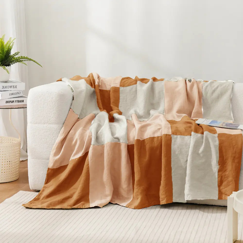 Khaki Colorblock 100% Organic Linen Plaid Blanket & Throw