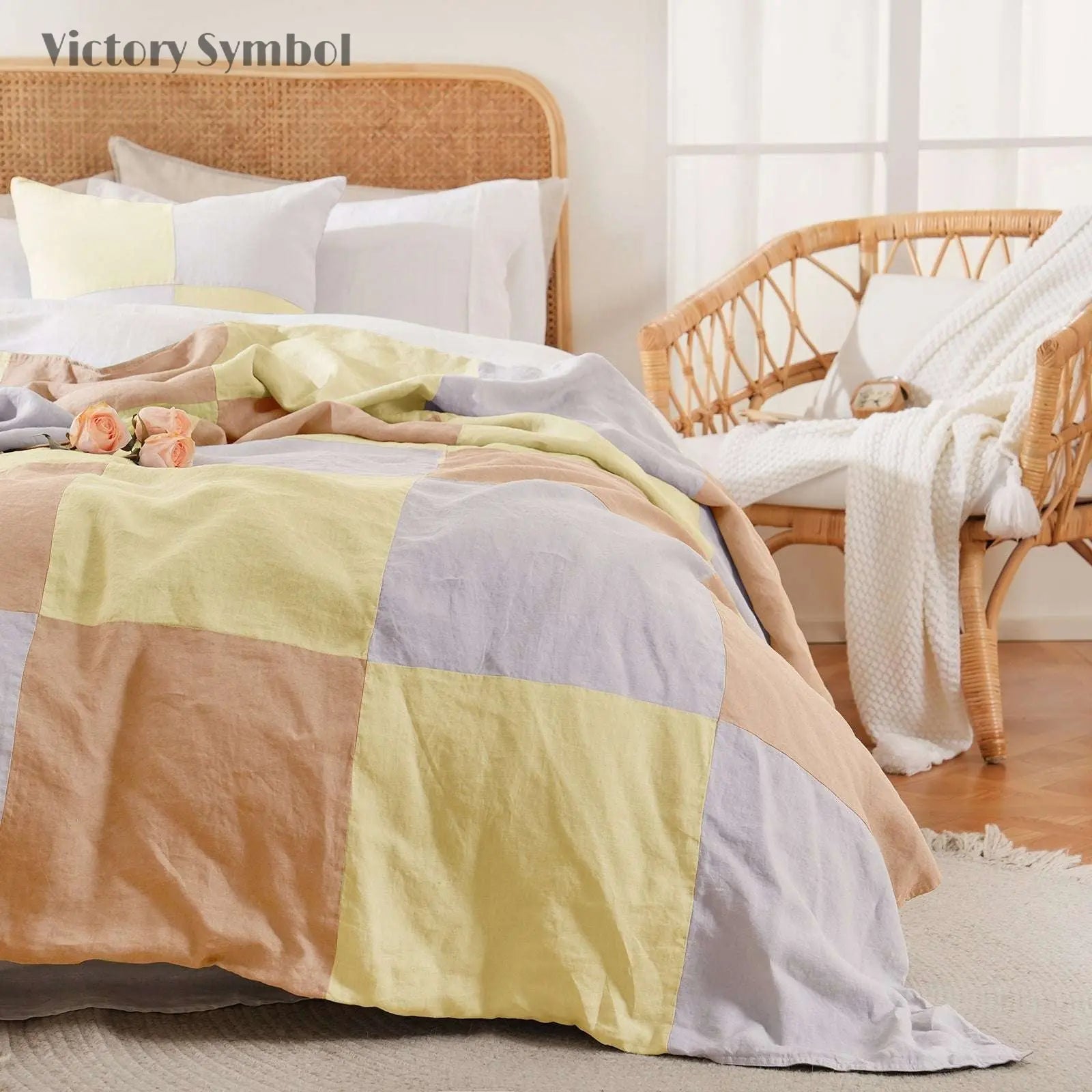 Lemon Yellow Colorblock 100% Organic Linen Plaid Blanket & Throw - Victory Symbol