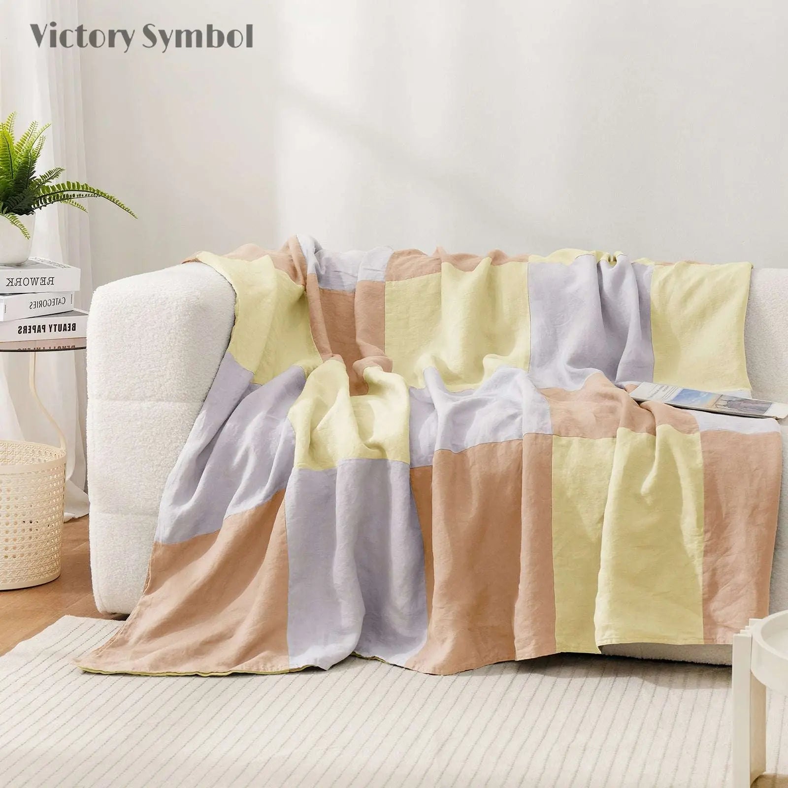 Lemon Yellow Colorblock 100% Organic Linen Plaid Blanket & Throw - Victory Symbol