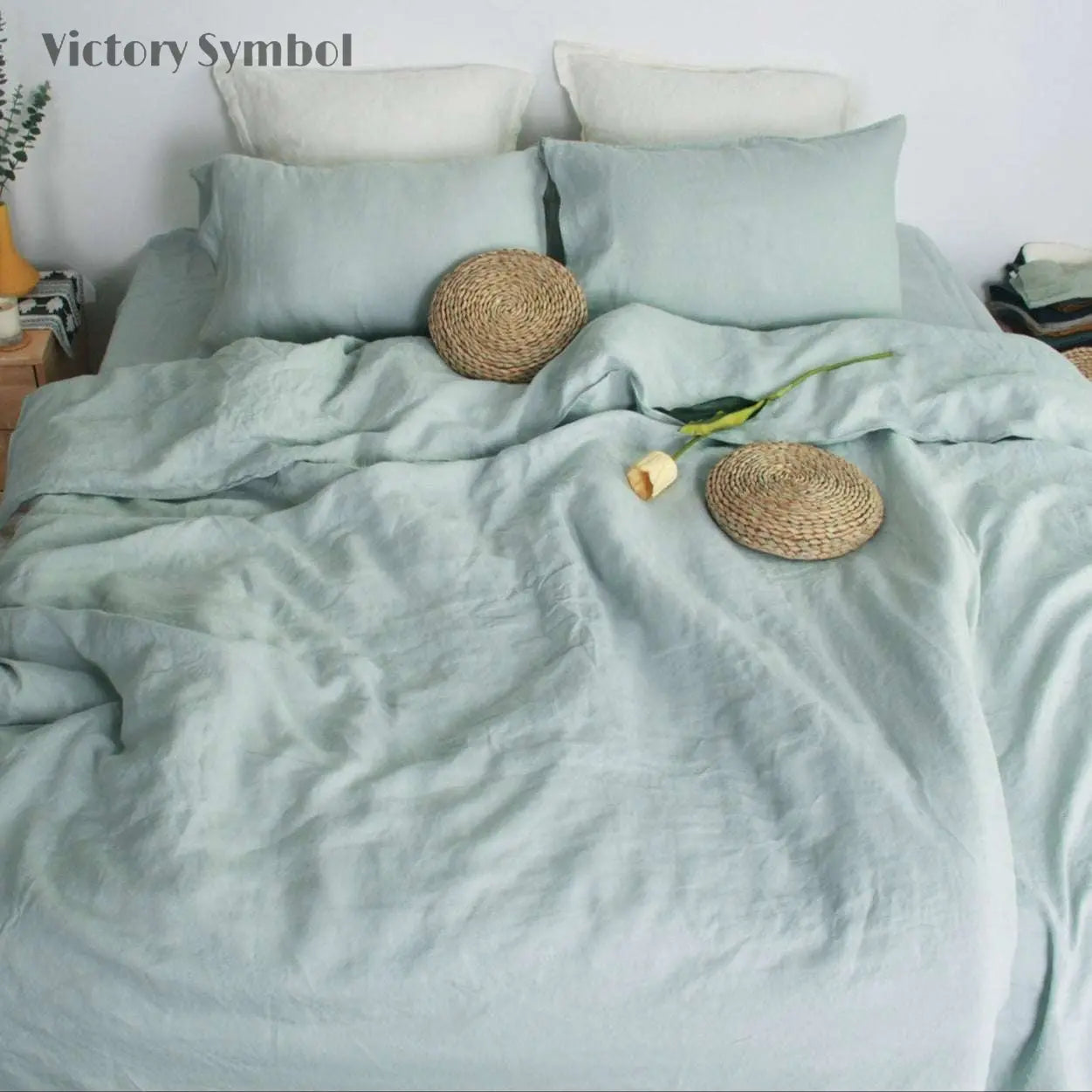 Light Green 100% Organic Linen Duvet Cover Set - Victory Symbol