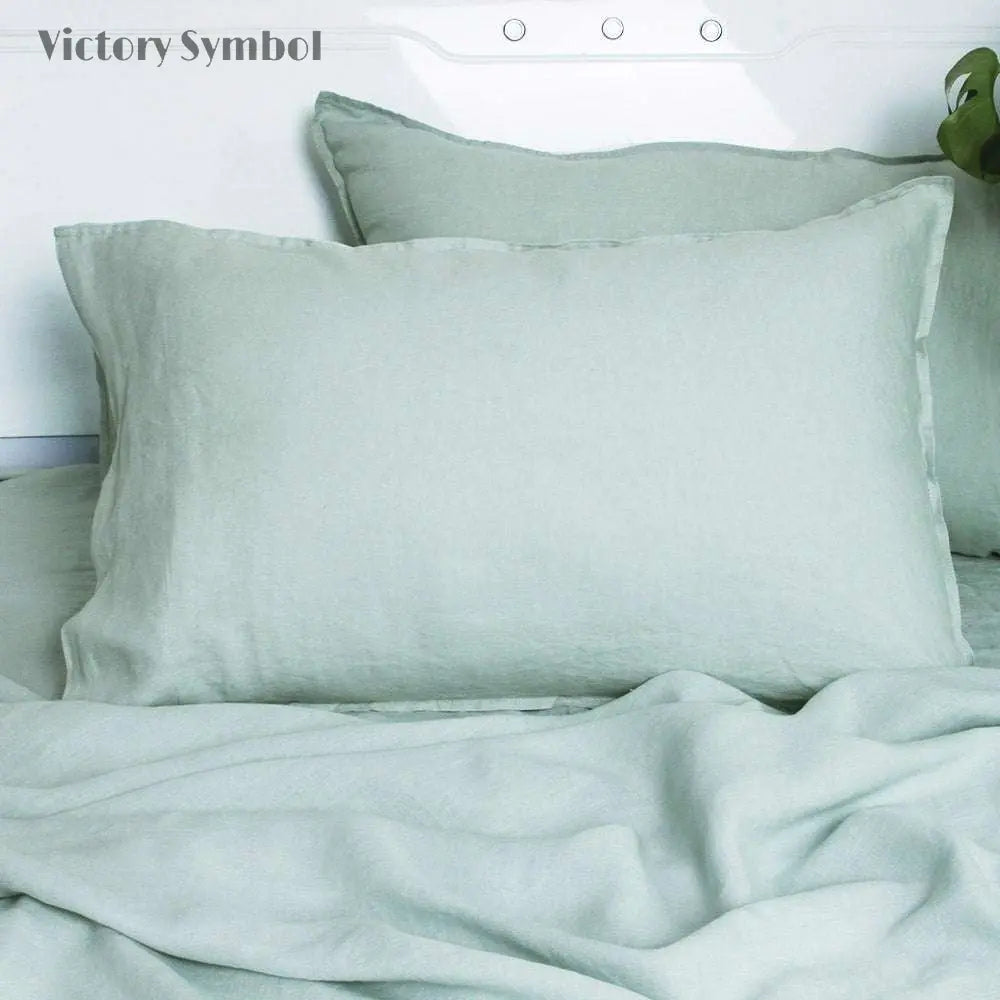 Light Green 100% Organic Linen Pillowcases - Victory Symbol
