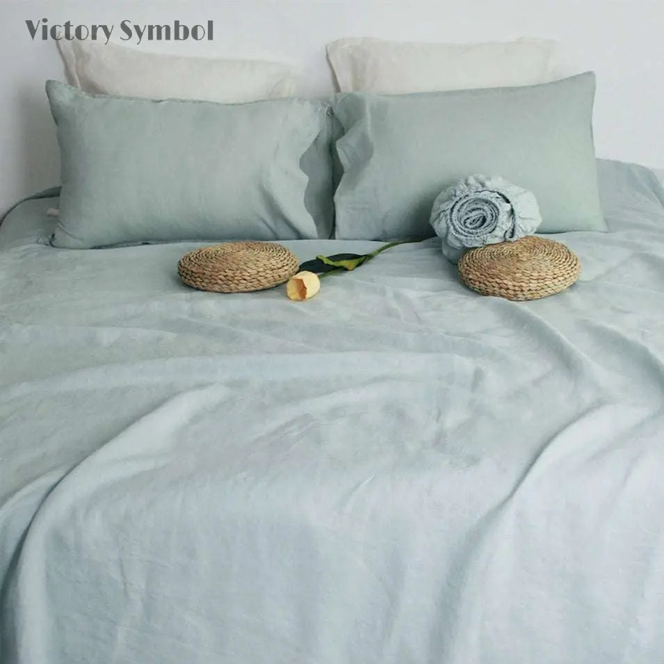 Light Green 100% Organic Linen Pillowcases - Victory Symbol