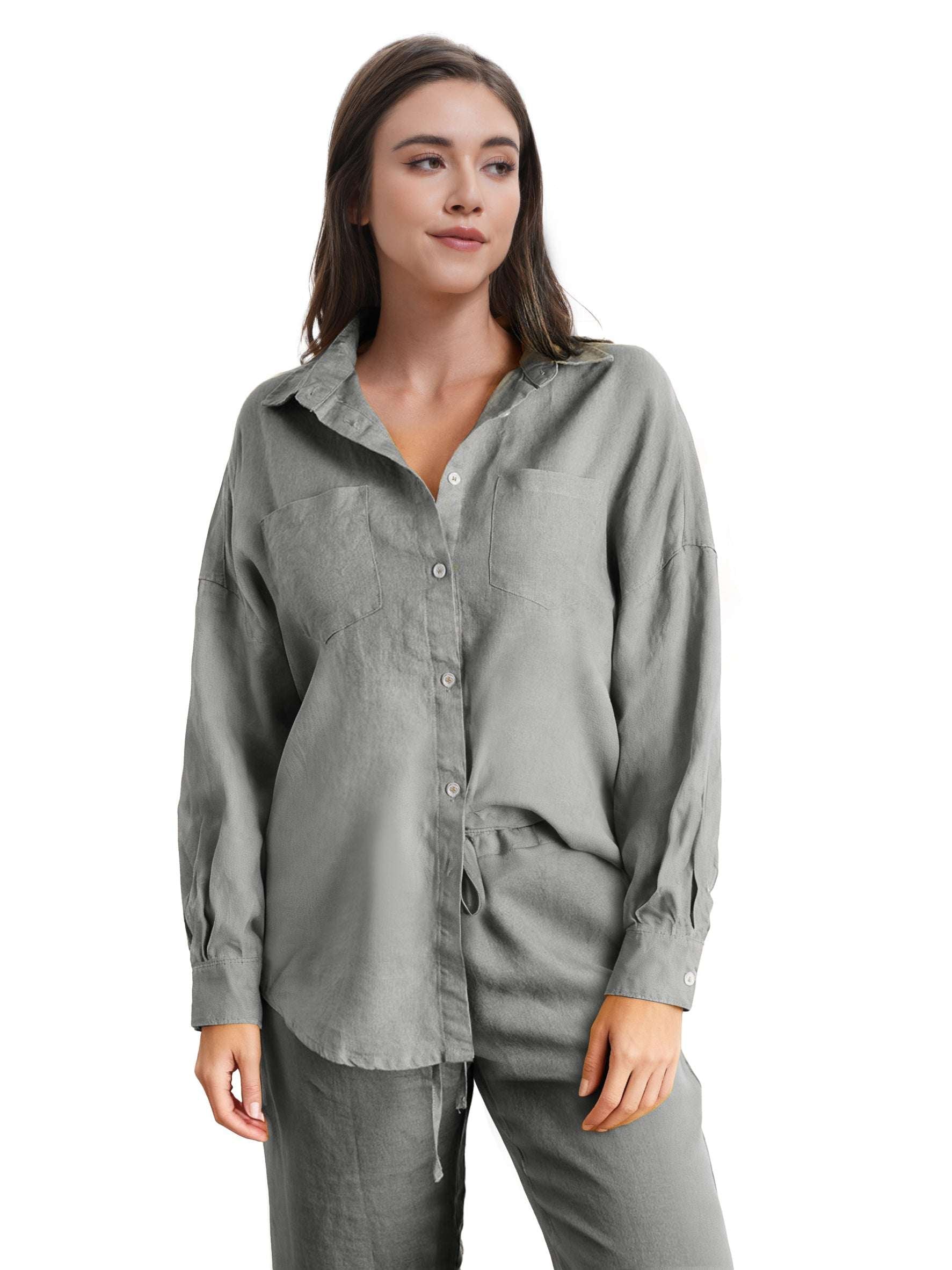 Light Grey 100% Organic Linen Long Sleeve Shirt-Victory Symbol