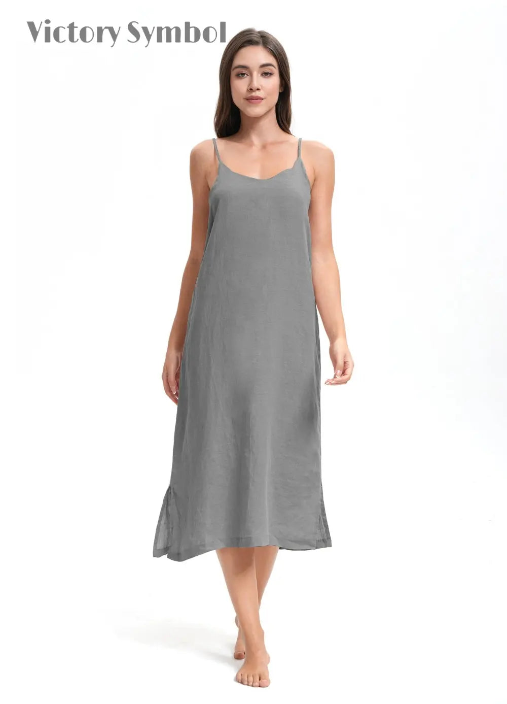 Light Grey 100% Organic Linen Midi Dress - Victory Symbol L Light Grey 100% Organic Linen Midi Dress - Victory Symbol L