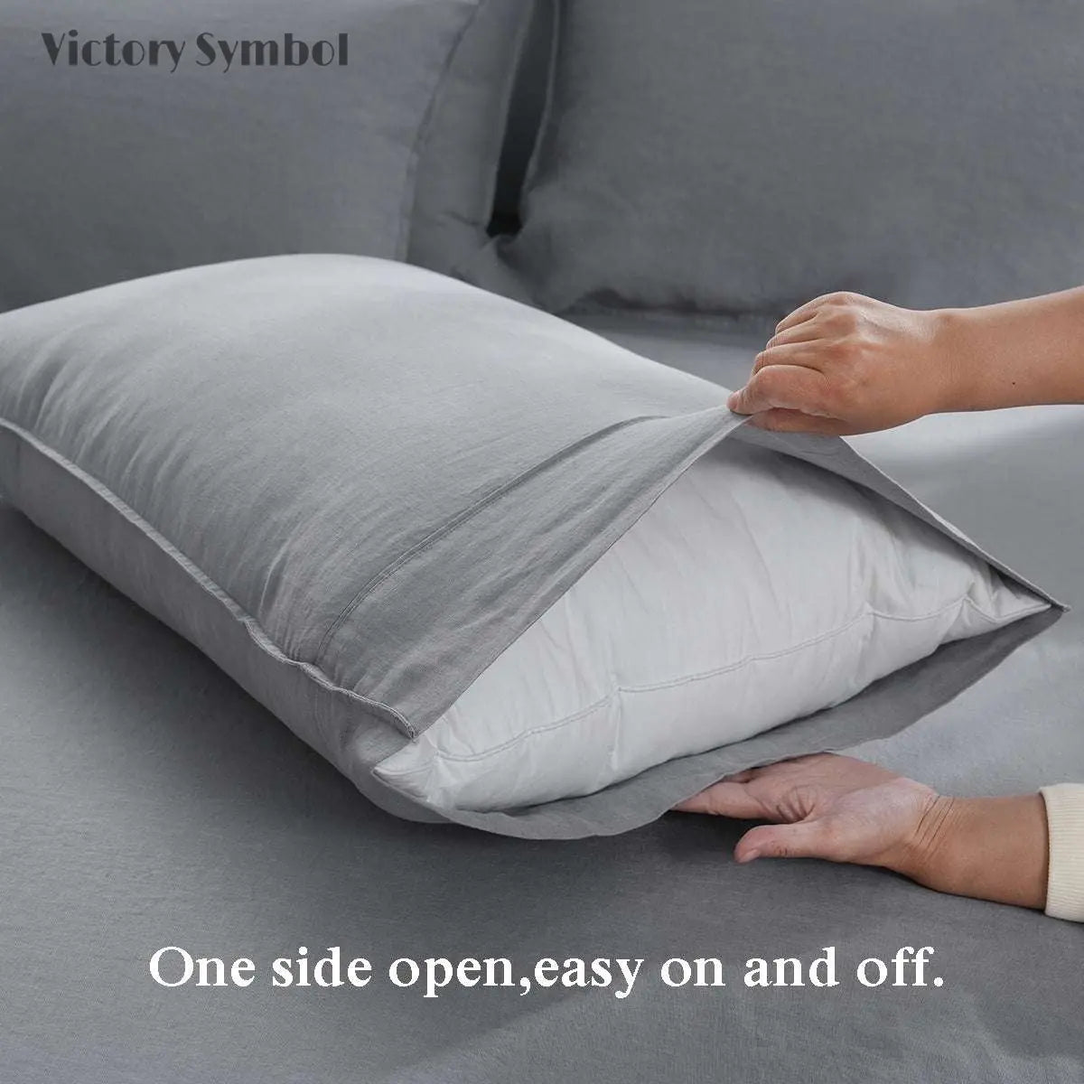 Light Grey 100% Organic Linen Pillowcases - Victory Symbol