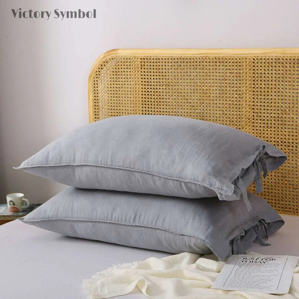 Light Grey Ties Bow 100% Organic Linen Pillowcases - Victory Symbol