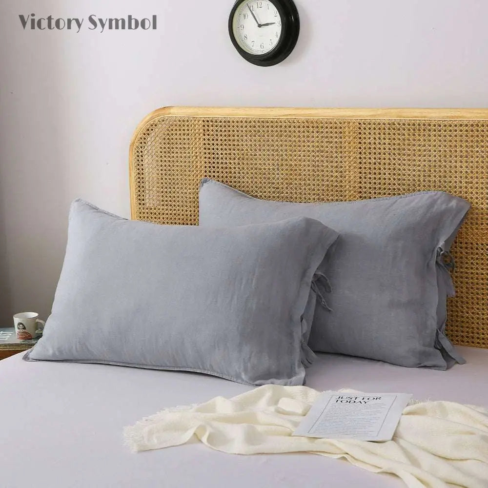 Light Grey Ties Bow 100% Organic Linen Pillowcases - Victory Symbol