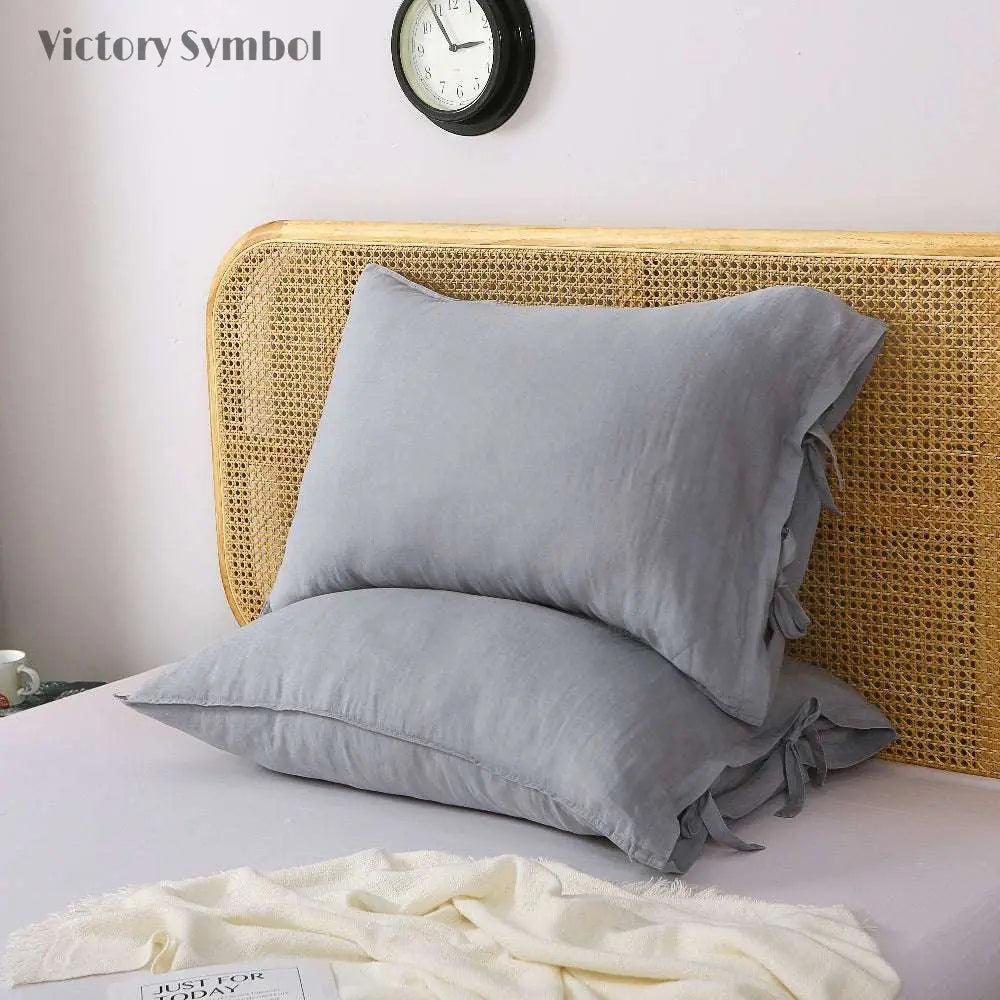 Light Grey Ties Bow 100% Organic Linen Pillowcases - Victory Symbol