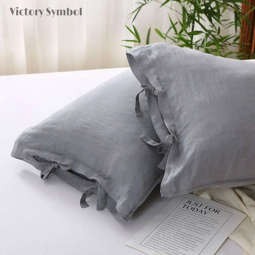 Light Grey Ties Bow 100% Organic Linen Pillowcases - Victory Symbol