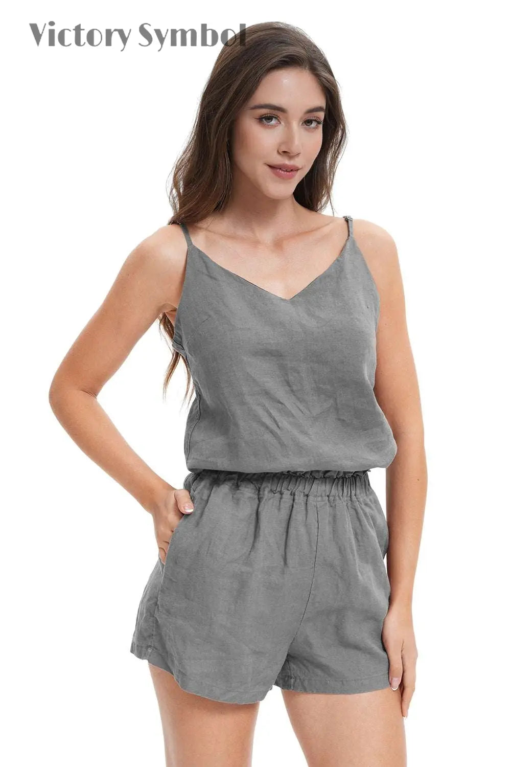 Light Grey Women's Linen Camisole Tank Top V - Neck Loose Casual Adjustable Strap - Victory Symbol