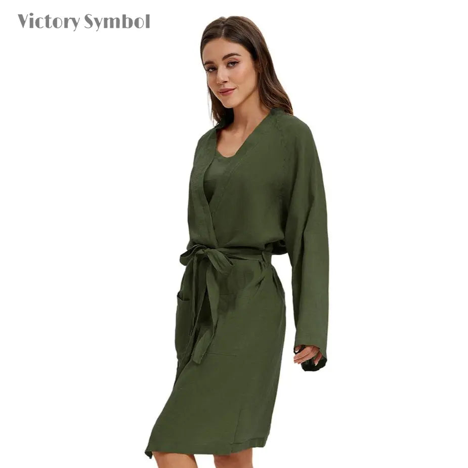 Light Olive 100% Organic Linen Women's V - Neck Robes - Victory Symbol