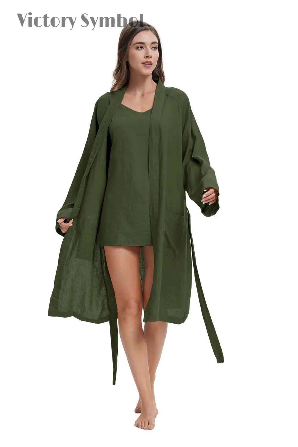 Light Olive 100% Organic Linen Women's V - Neck Robes - Victory Symbol