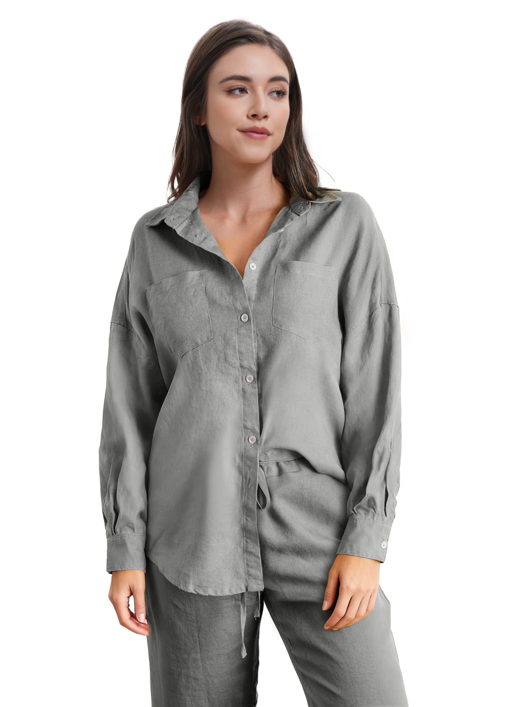 Light Grey 100% Organic Linen Long Sleeve Shirt-Victory Symbol