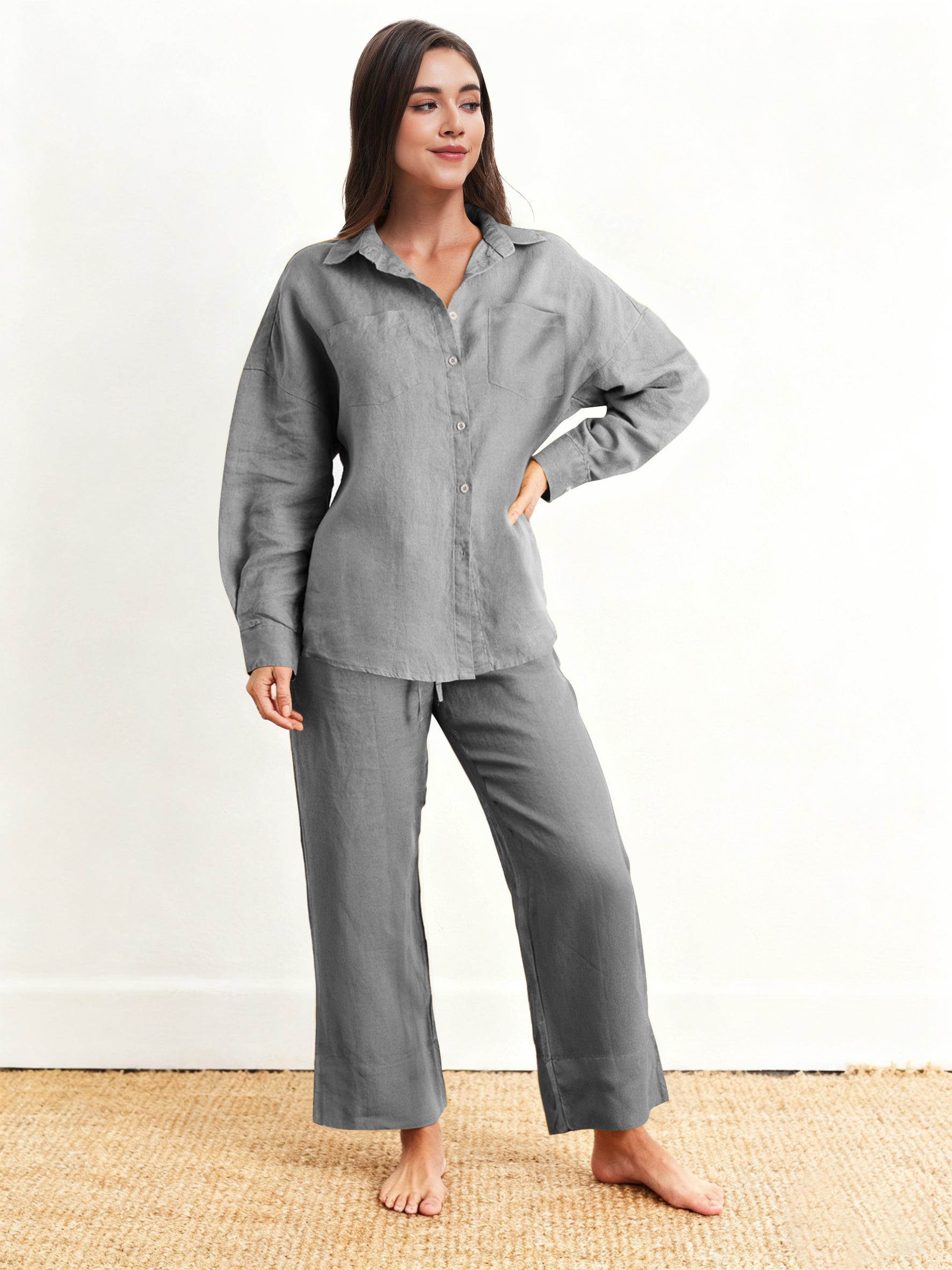 Light Grey 100% Organic Linen Long Sleeve Shirt-Victory Symbol
