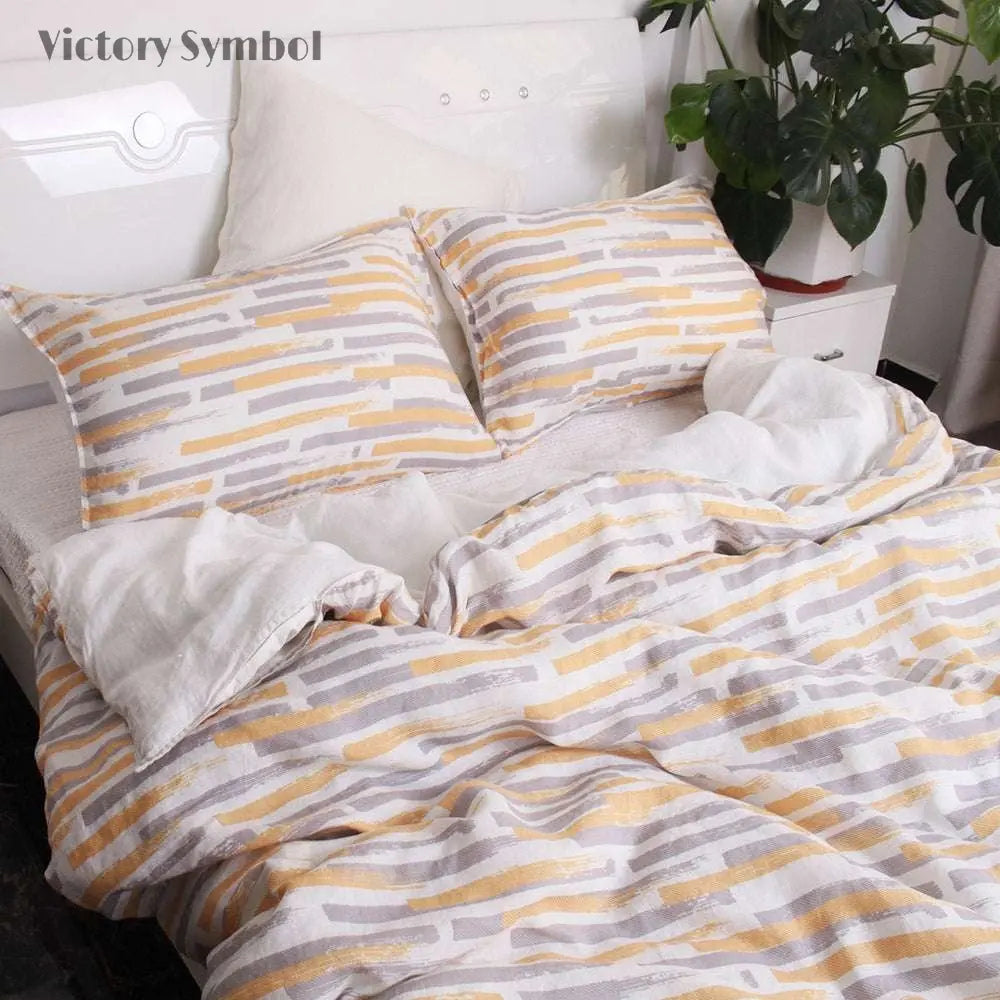 Melody of Time Stripe 100% Organic Linen Duvet Cover Set - Victory Symbol