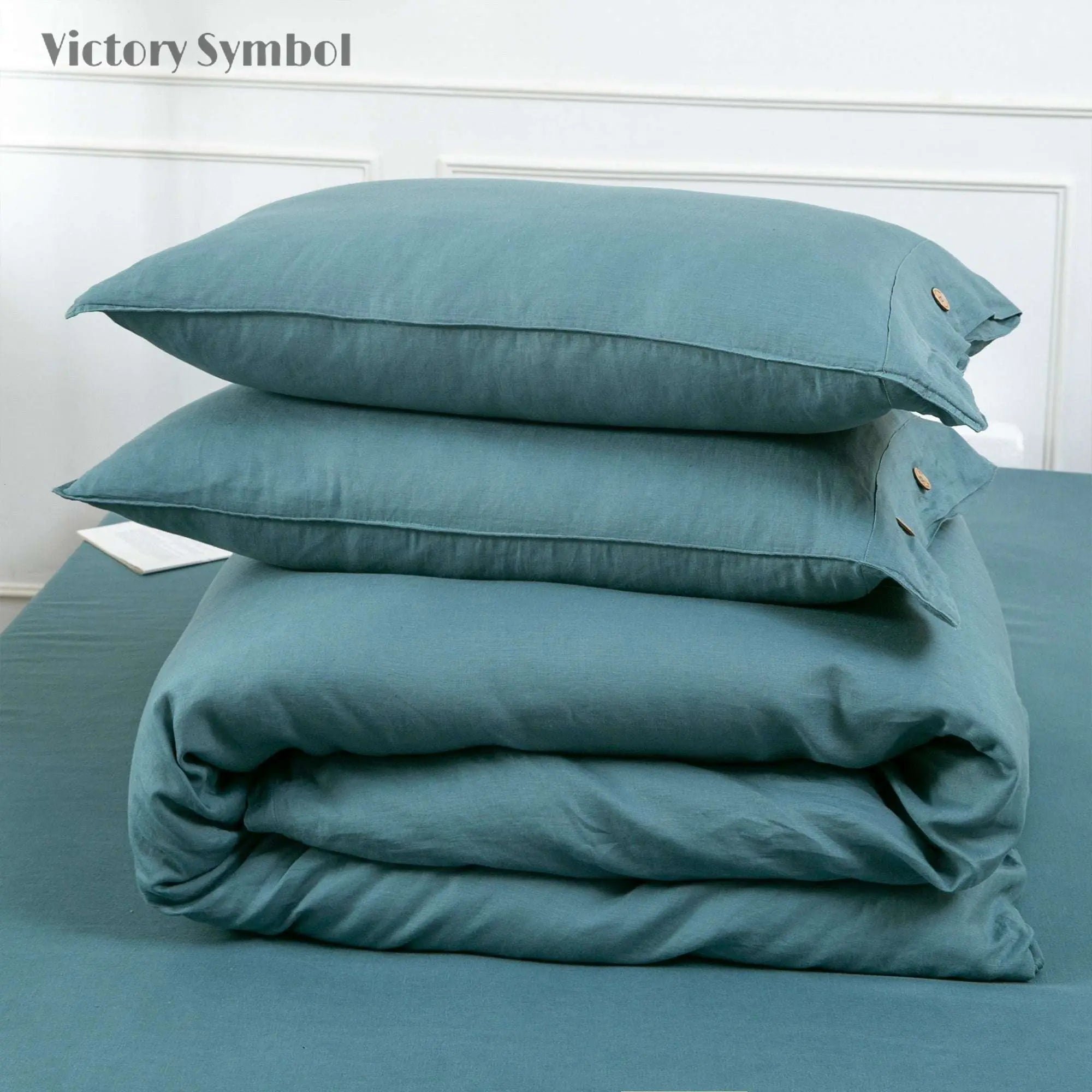 Mineral Blue 100% Organic Linen Duvet Cover Set - Victory Symbol