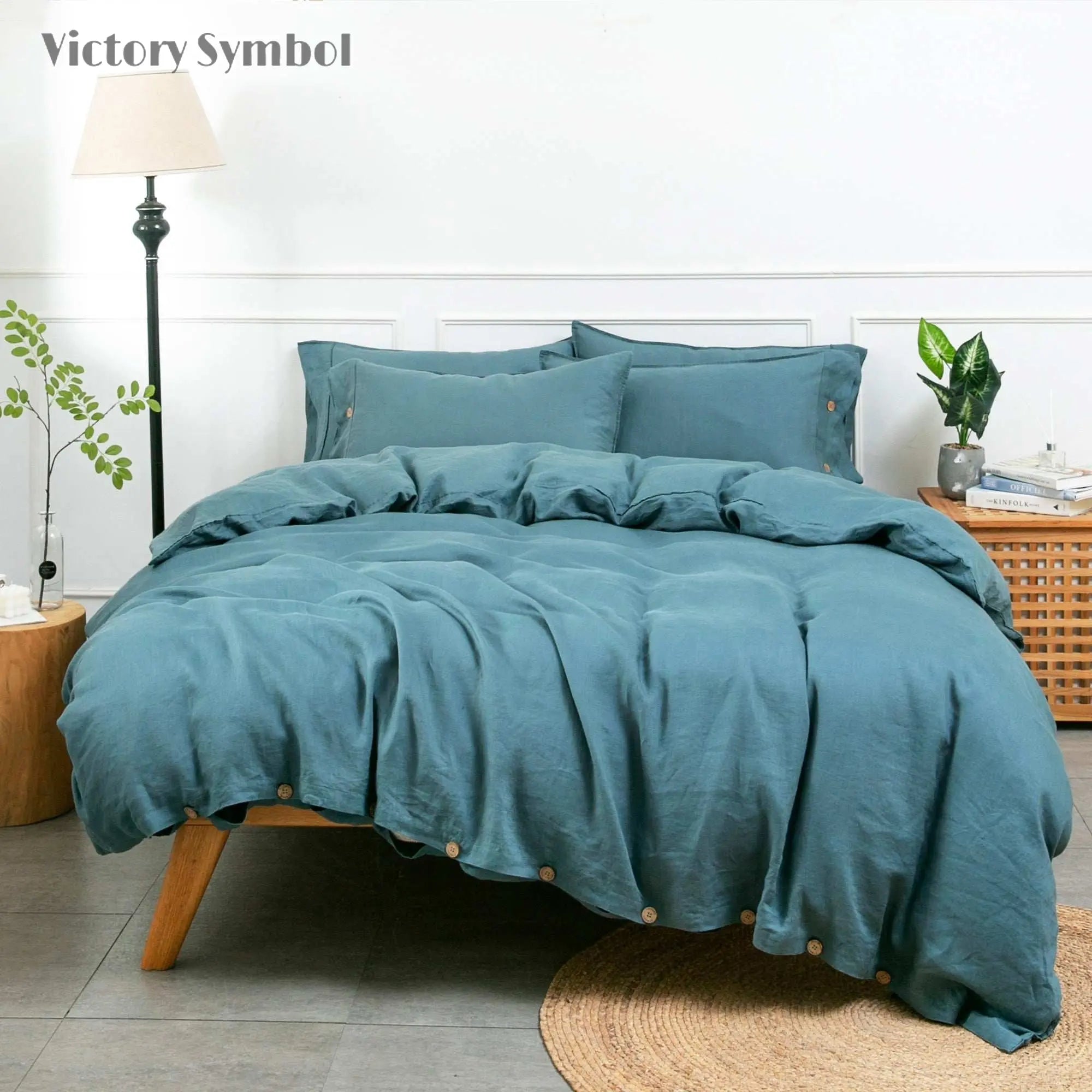 Mineral Blue 100% Organic Linen Duvet Cover Set - Victory Symbol