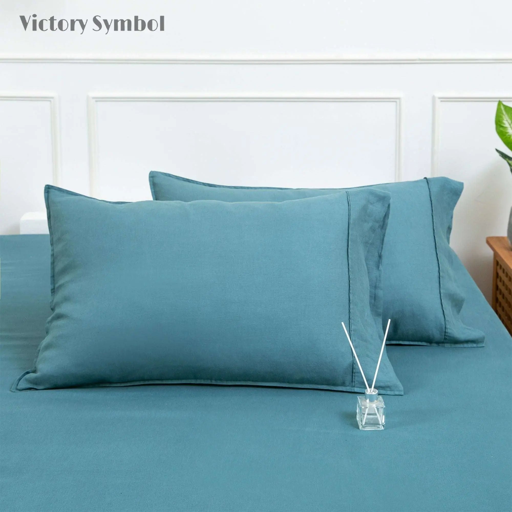 Mineral Blue 100% Organic Linen Pillowcases - Victory Symbol