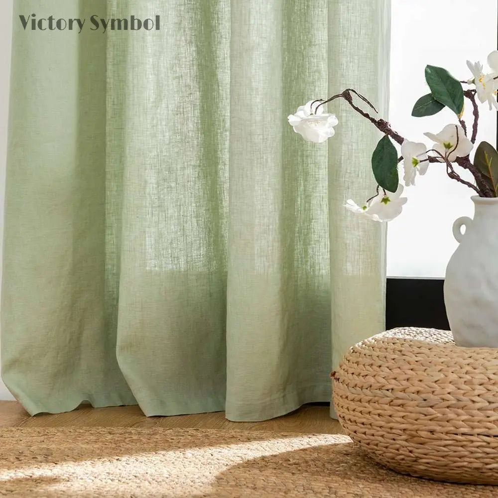 Mint Green 100% Organic Linen Curtain for Bedroom Living Room - Victory Symbol