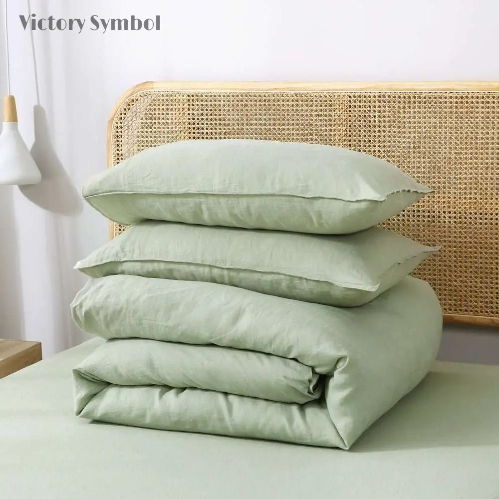 Mint Green 100% Organic Linen Duvet Cover Set - Victory Symbol