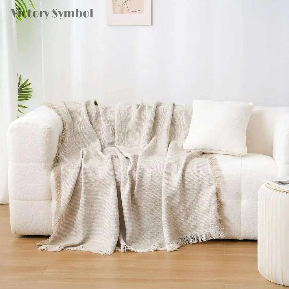 Natural Linen 100% Organic Linen Waffle Plaid Blanket & Throw with Raw Edge - Victory Symbol