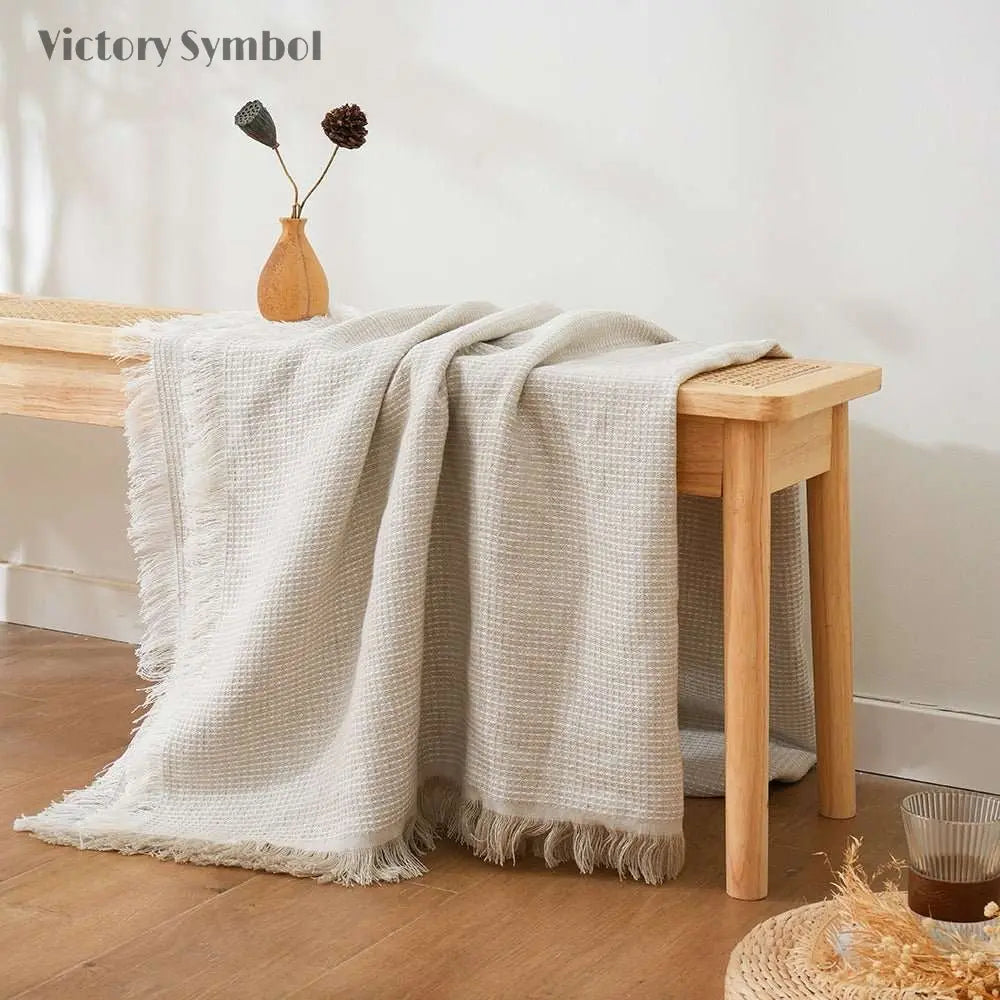 Natural Linen 100% Organic Linen Waffle Plaid Blanket & Throw with Raw Edge - Victory Symbol