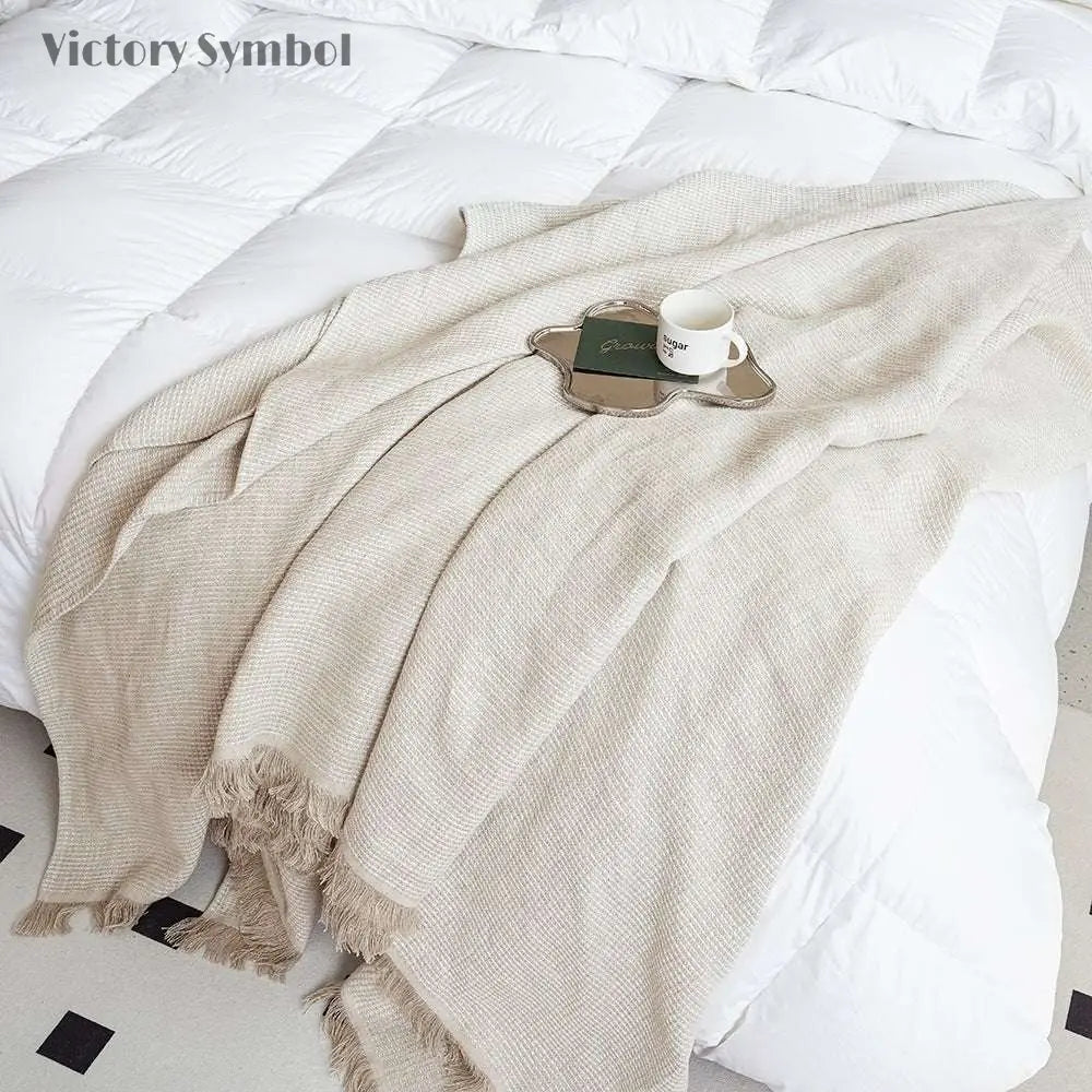 Natural Linen 100% Organic Linen Waffle Plaid Blanket & Throw with Raw Edge - Victory Symbol
