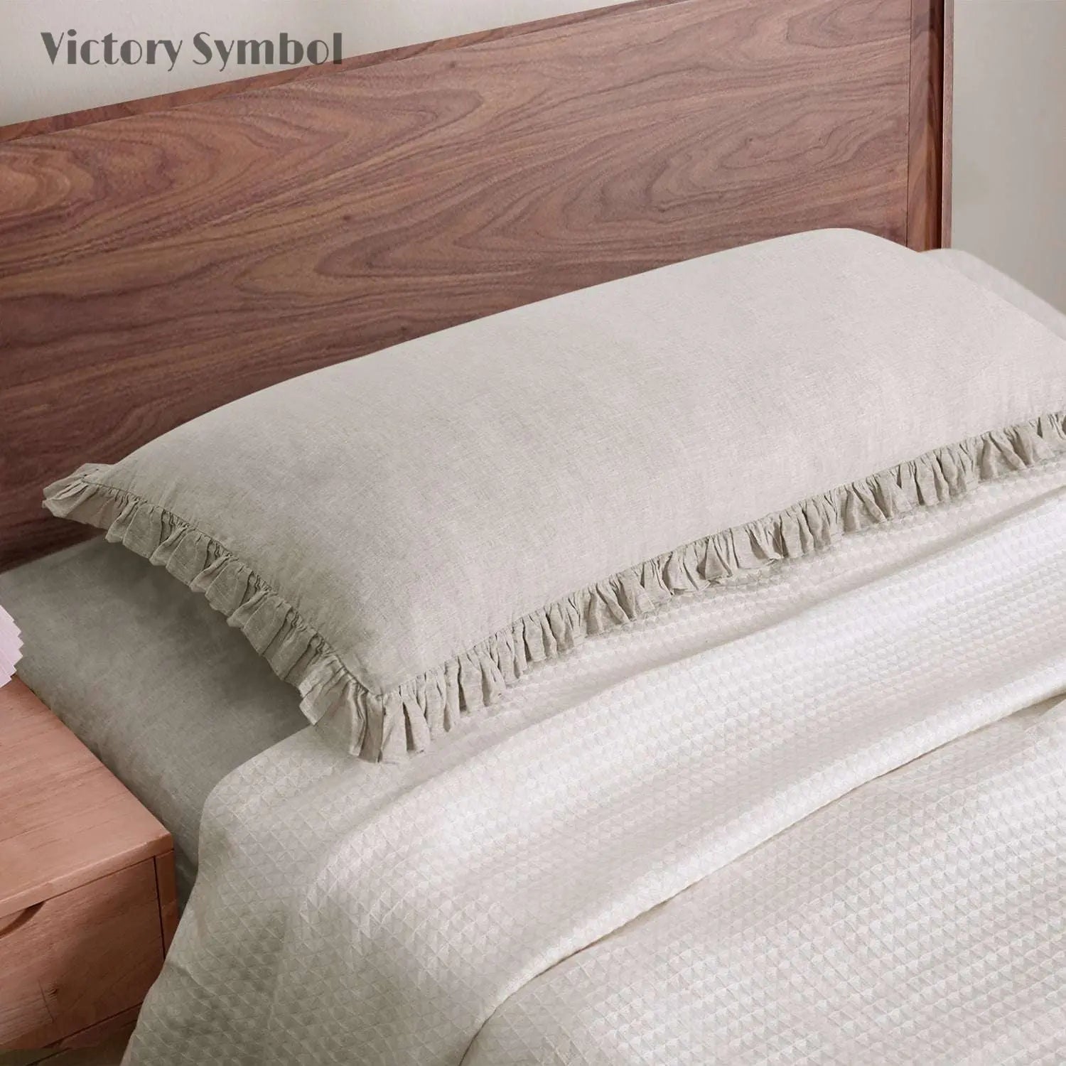 Natural Undyed Linen 100% Organic Linen Body Pillowcase With Ruffles - Victory Symbol