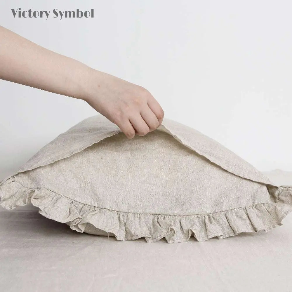 Natural Undyed Linen 100% Organic Linen Body Pillowcase With Ruffles - Victory Symbol