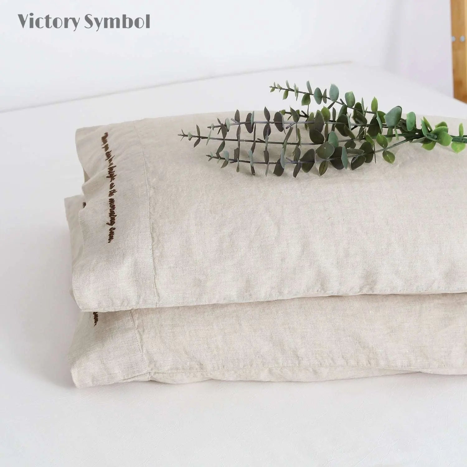 Natural Undyed Linen 100% Organic Linen Embroidered Pillowcases - Victory Symbol